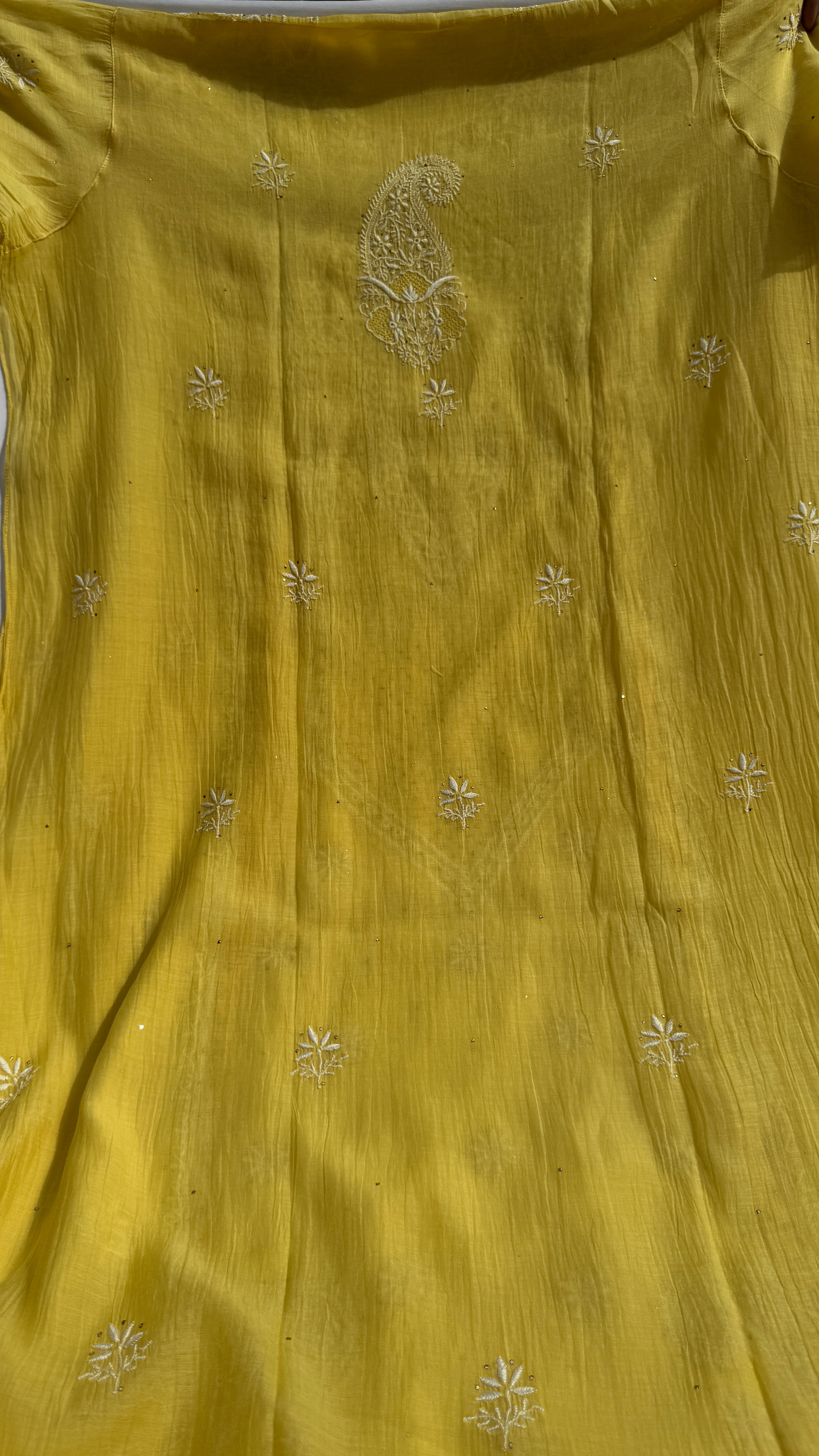 Mul Chanderi Chikankari Unstitched Length with Dupatta with Mukaish Add-On- Yellow