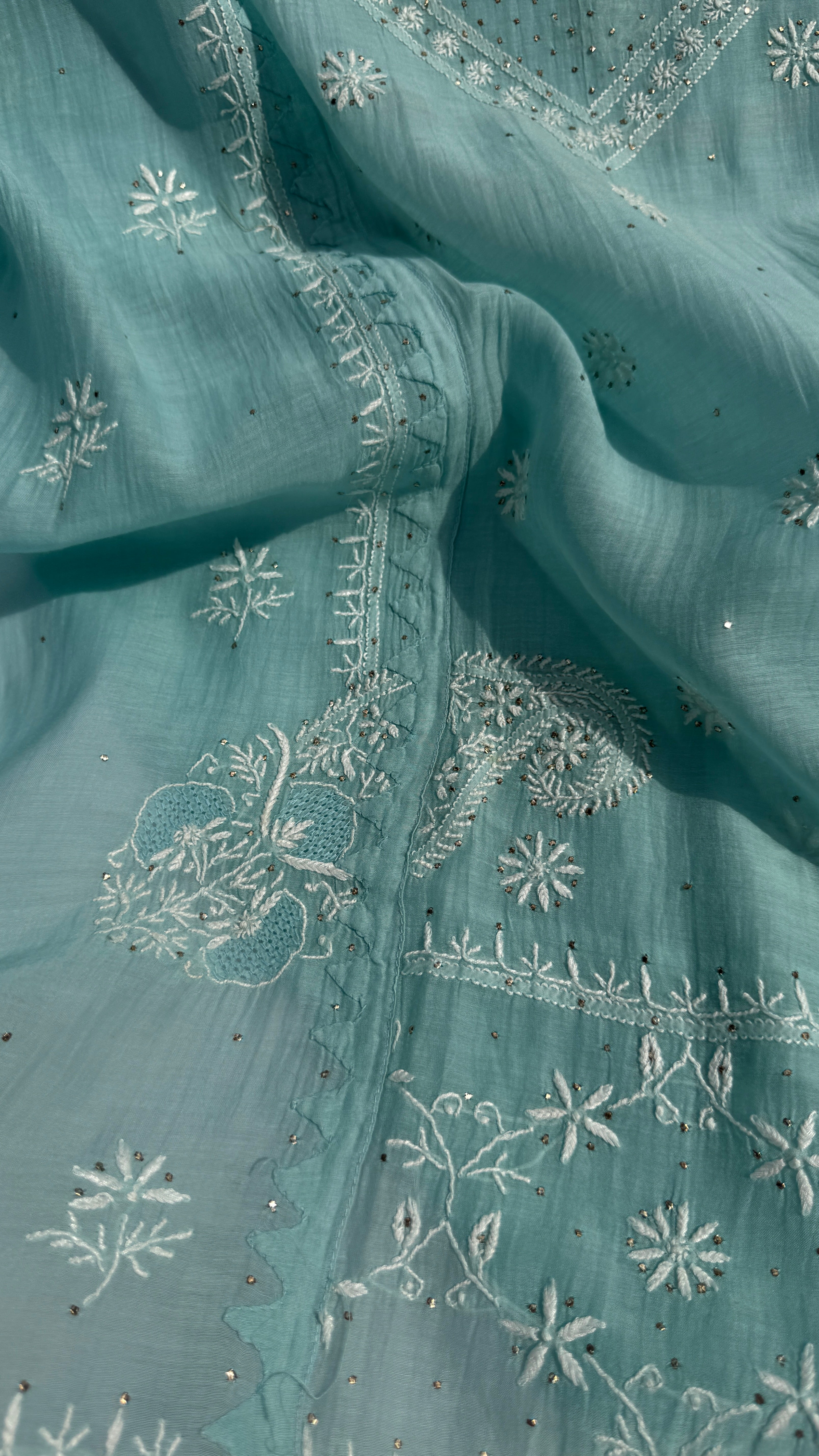Mul Chanderi Chikankari Unstitched Length with Dupatta with Mukaish Add-On- Tiffany