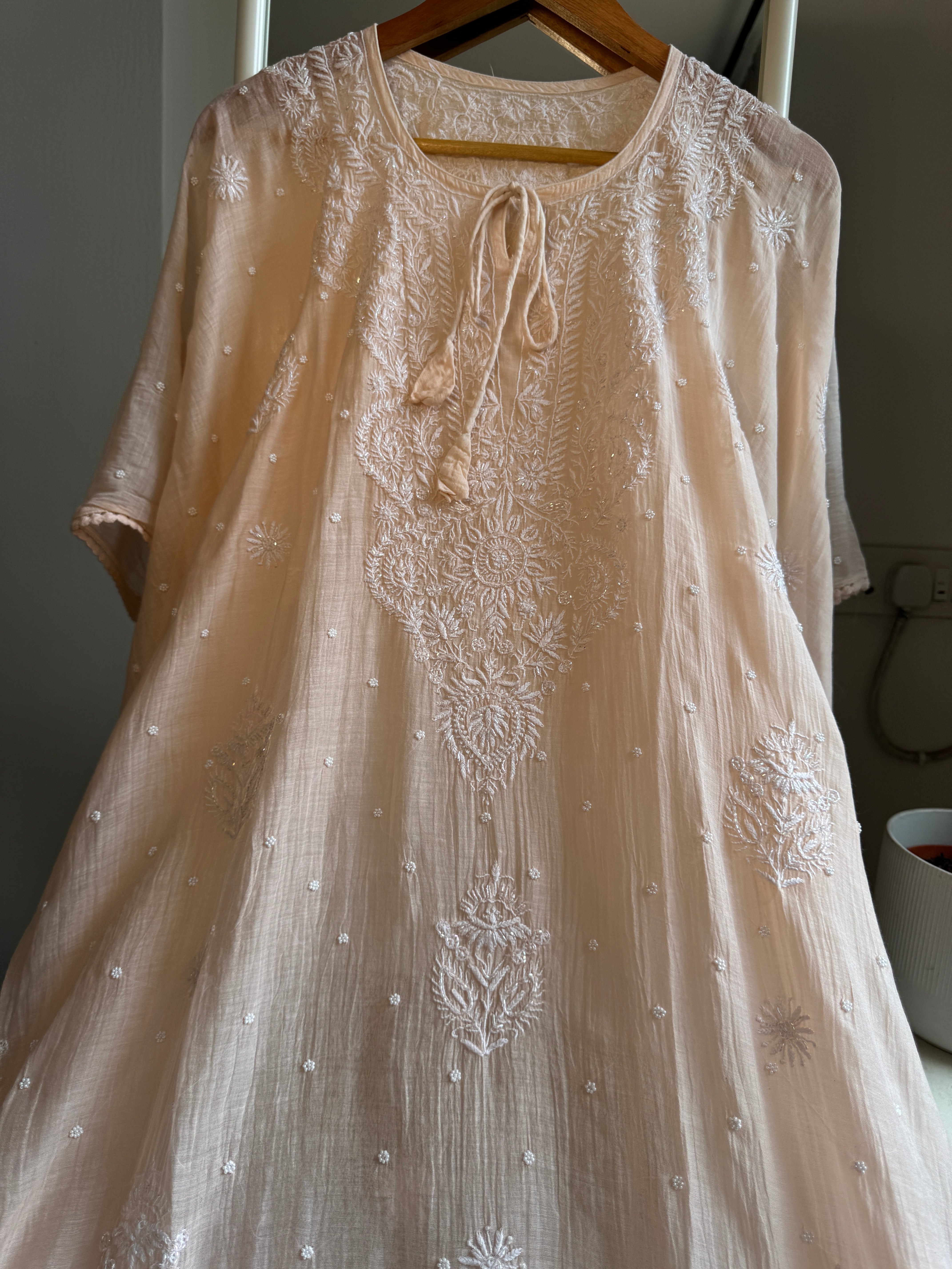 Mul Chanderi Chikankari Kaftan - Blush peach ARIAA CHIKANKARI 