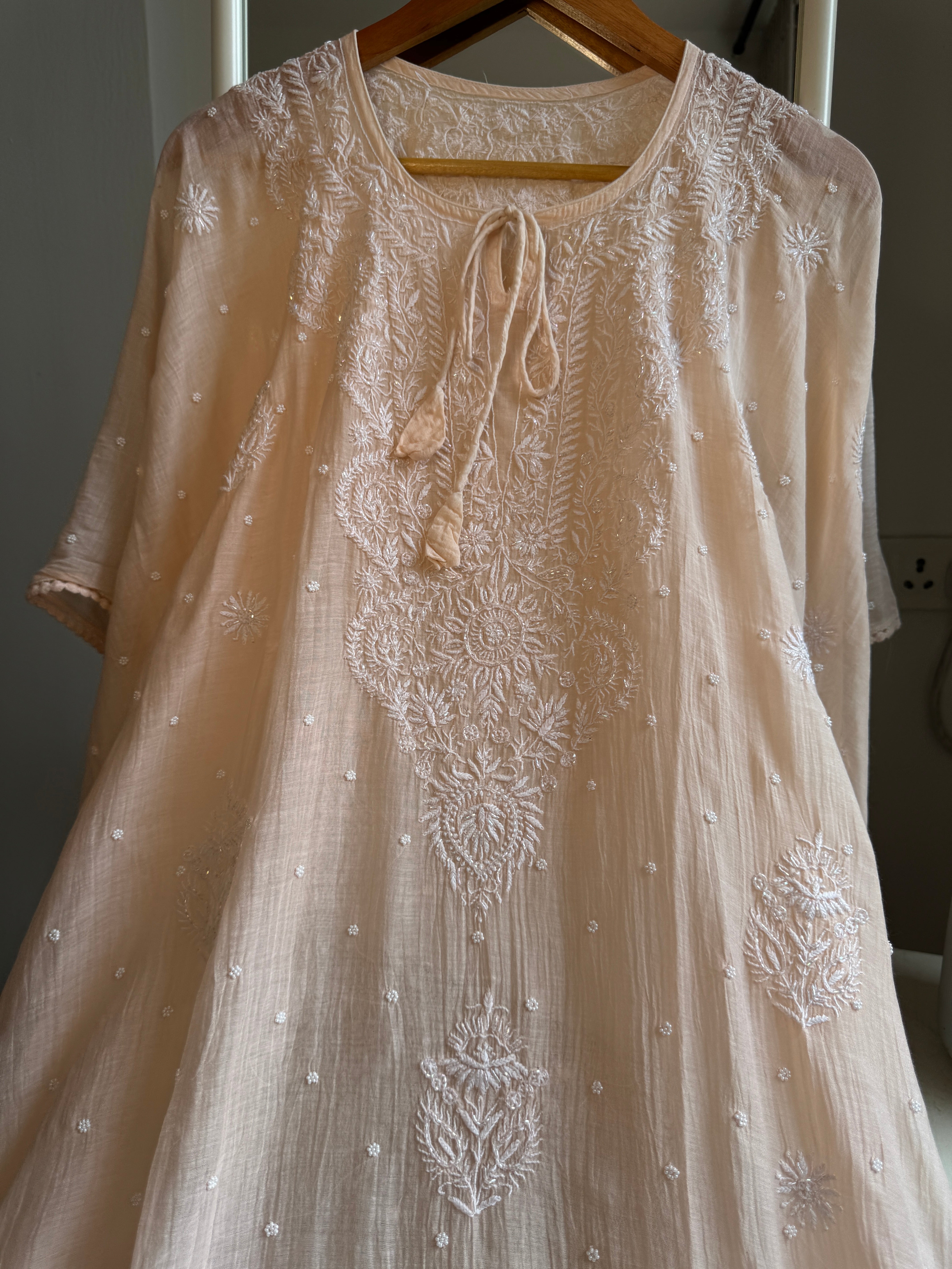 Mul Chanderi Chikankari Kaftan - Blush peach ARIAA CHIKANKARI 