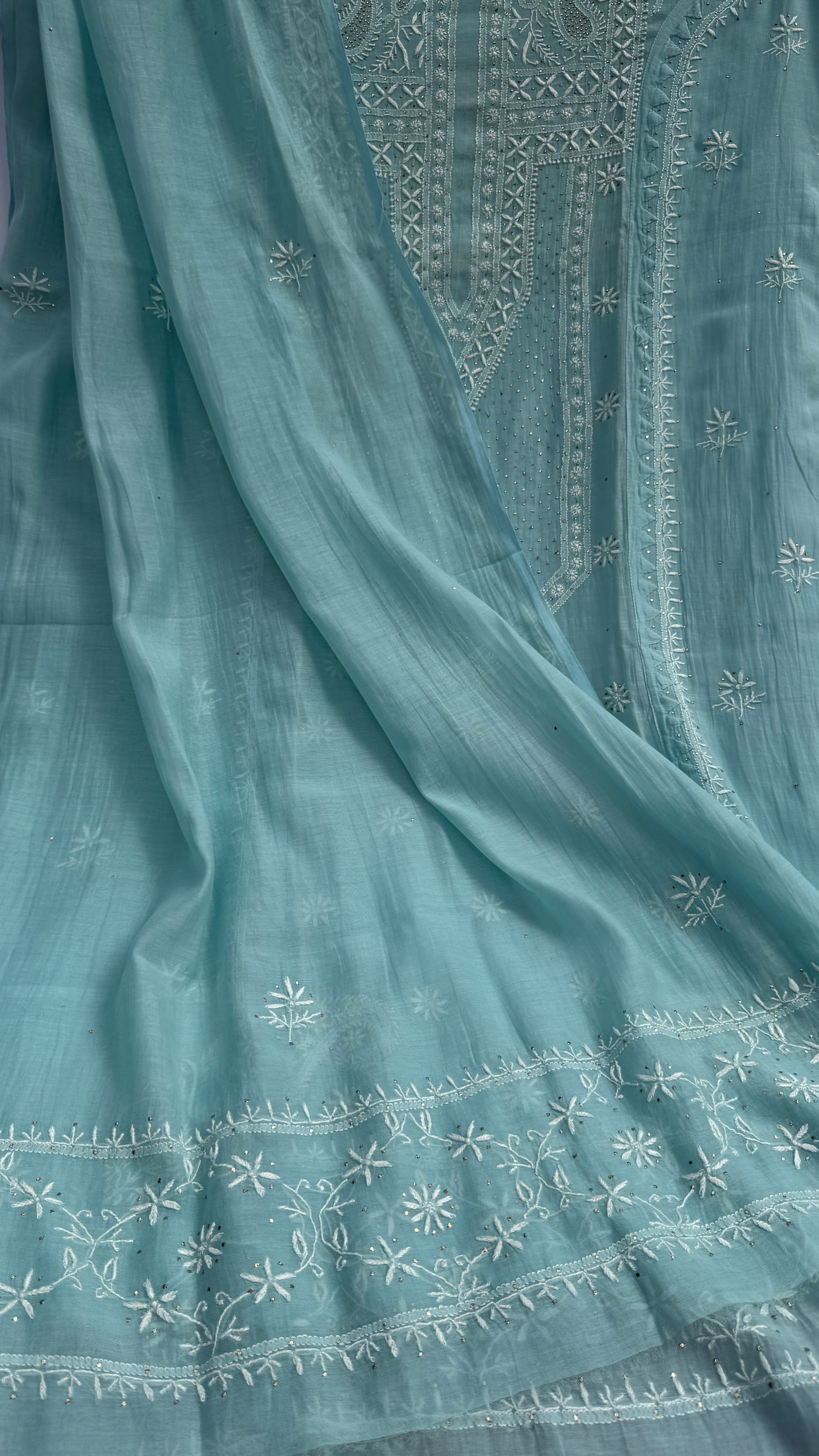 Mul Chanderi Chikankari Unstitched Length with Dupatta with Mukaish Add-On- Tiffany