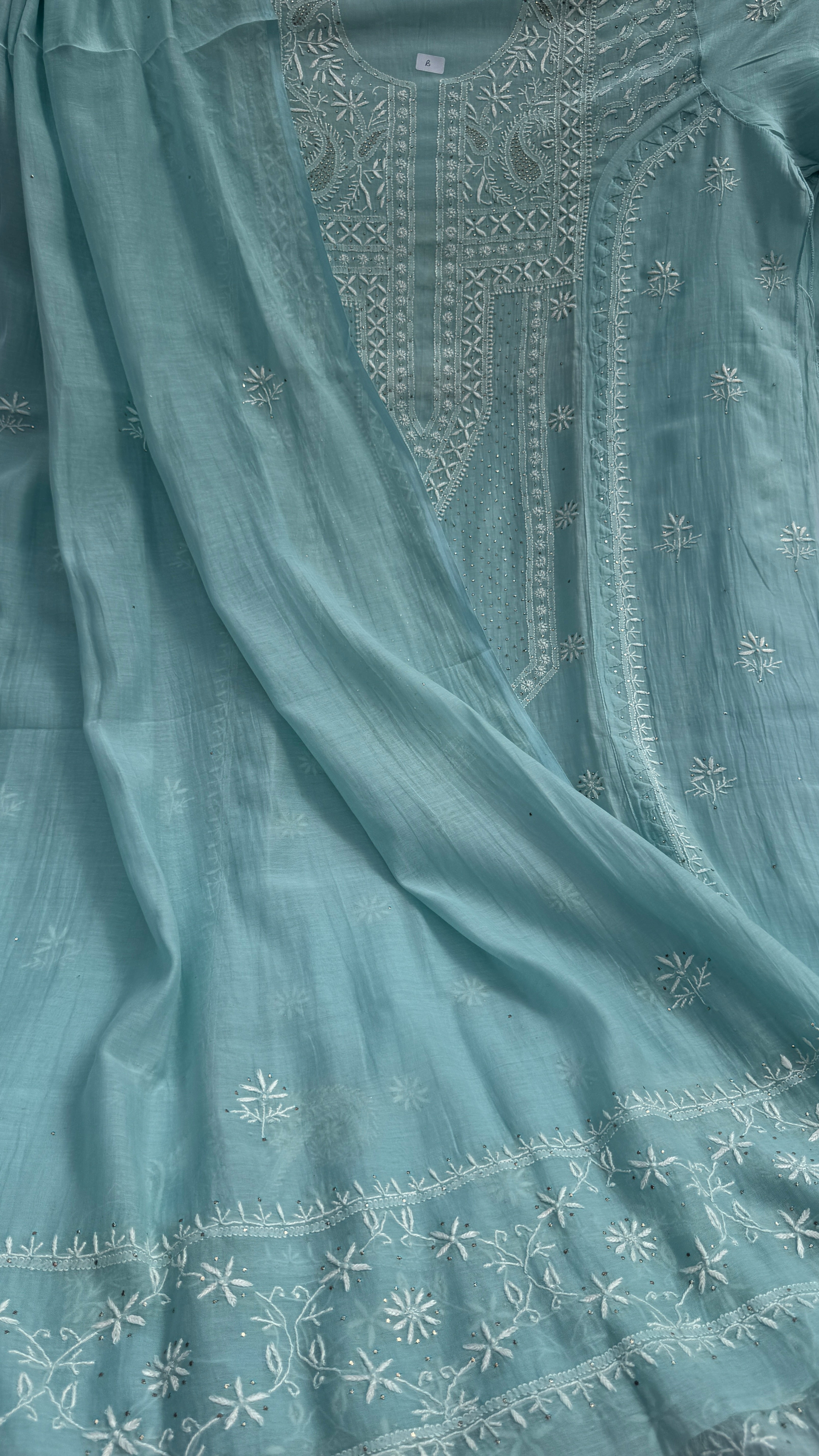 Mul Chanderi Chikankari Unstitched Length with Dupatta with Mukaish Add-On- Tiffany