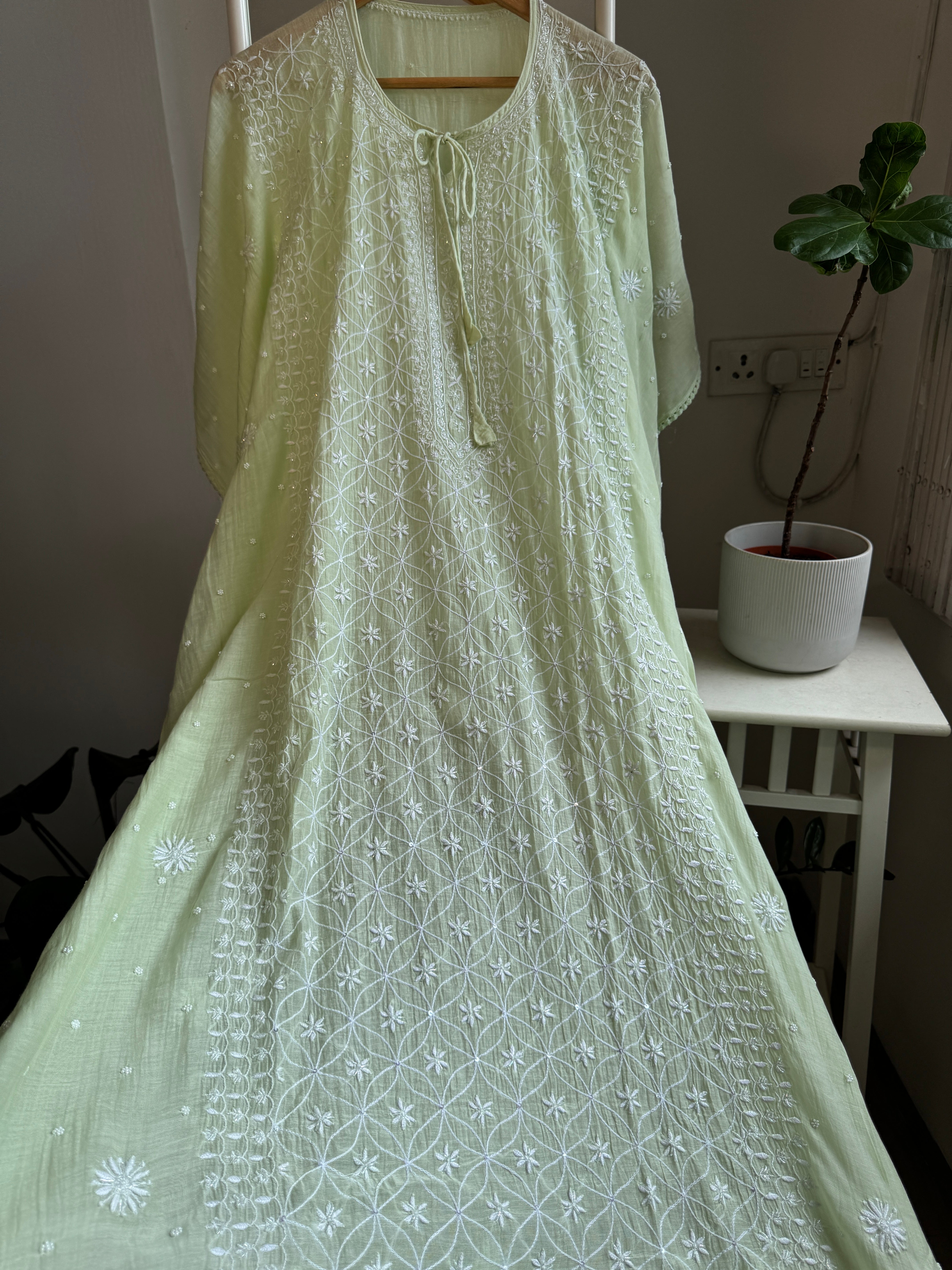 Mul Chanderi Chikankari Kaftan - Green ARIAA CHIKANKARI 
