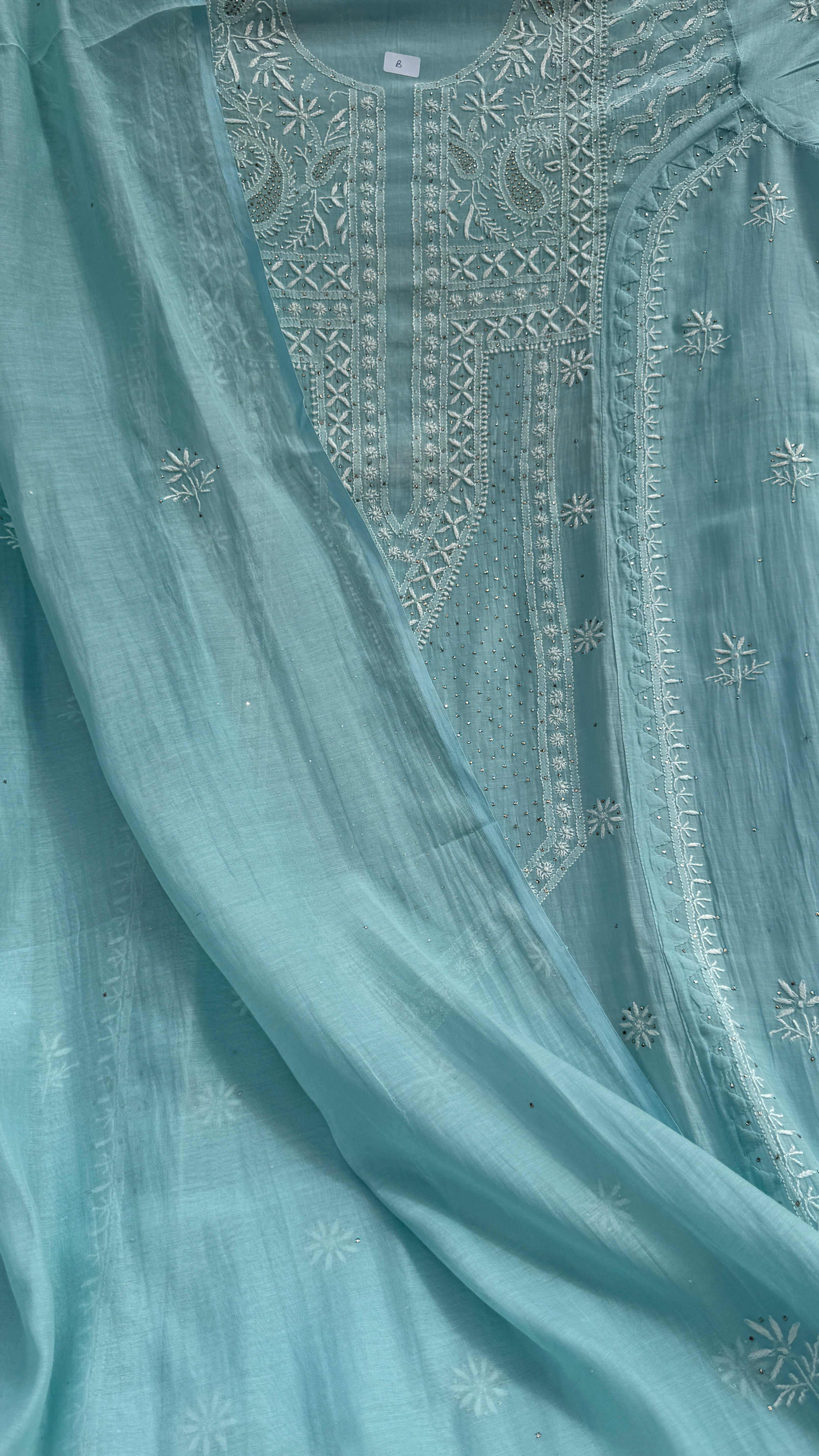 Mul Chanderi Chikankari Unstitched Length with Dupatta with Mukaish Add-On- Tiffany
