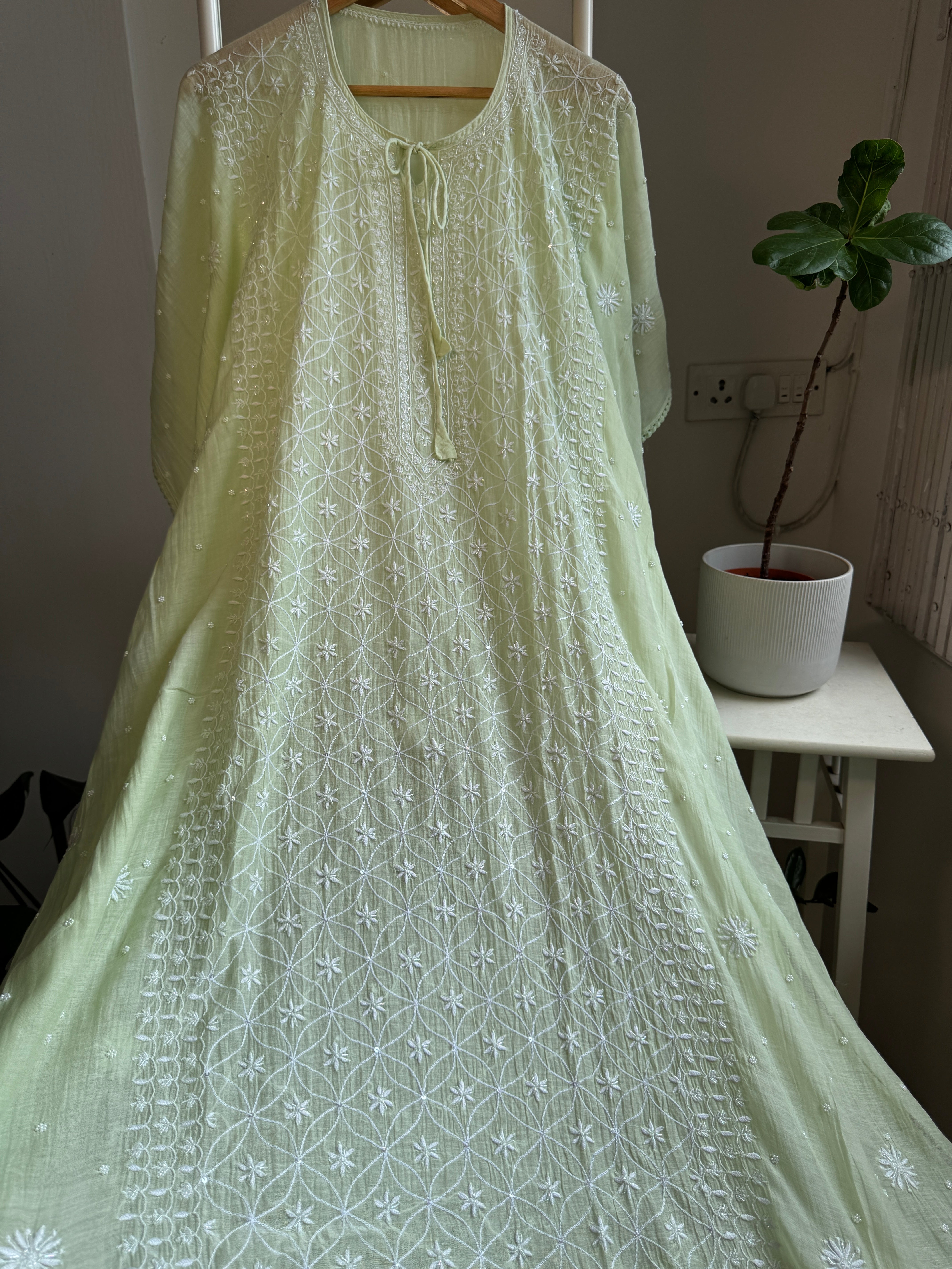 Mul Chanderi Chikankari Kaftan - Green ARIAA CHIKANKARI 