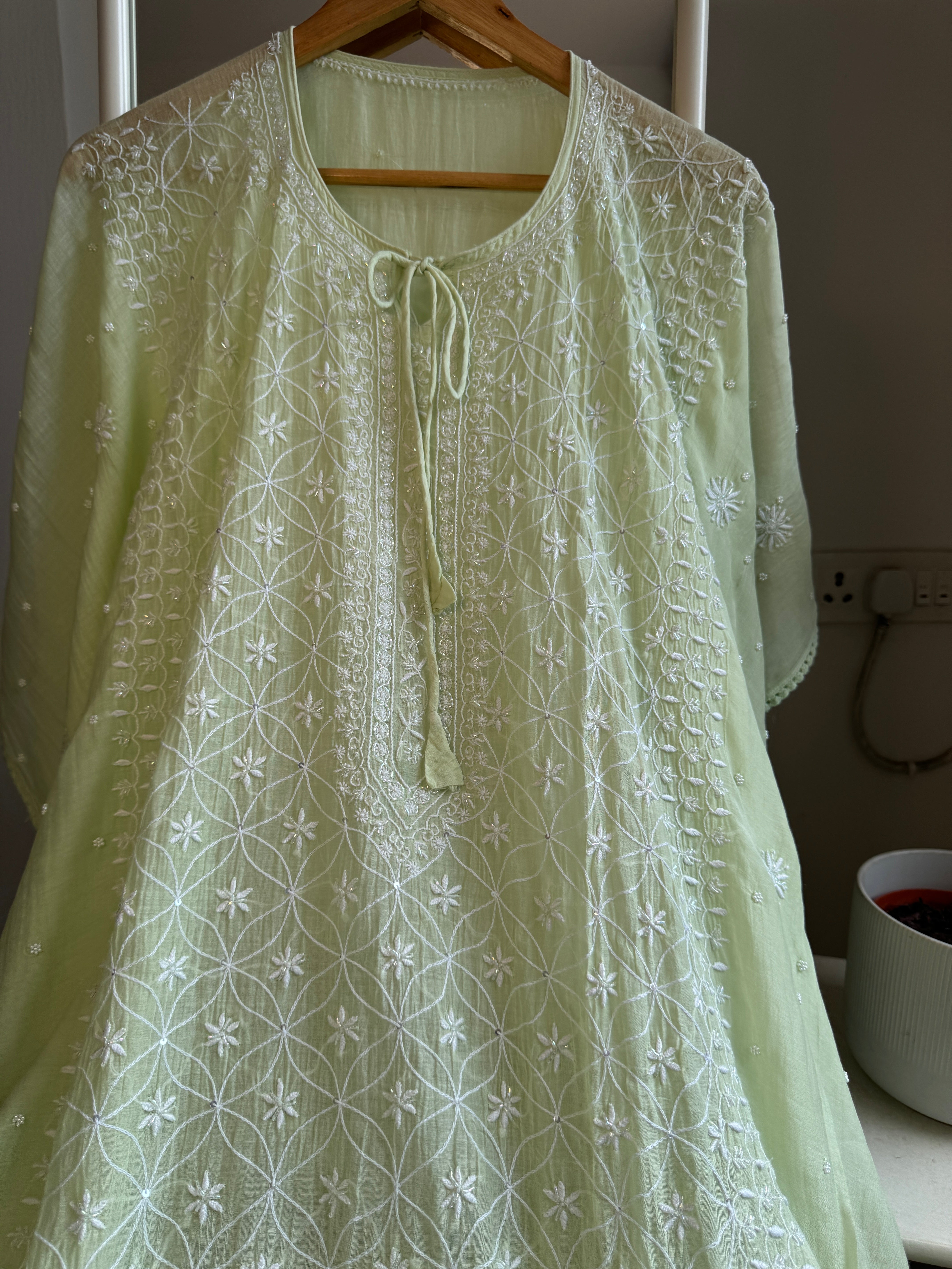 Mul Chanderi Chikankari Kaftan - Green ARIAA CHIKANKARI 