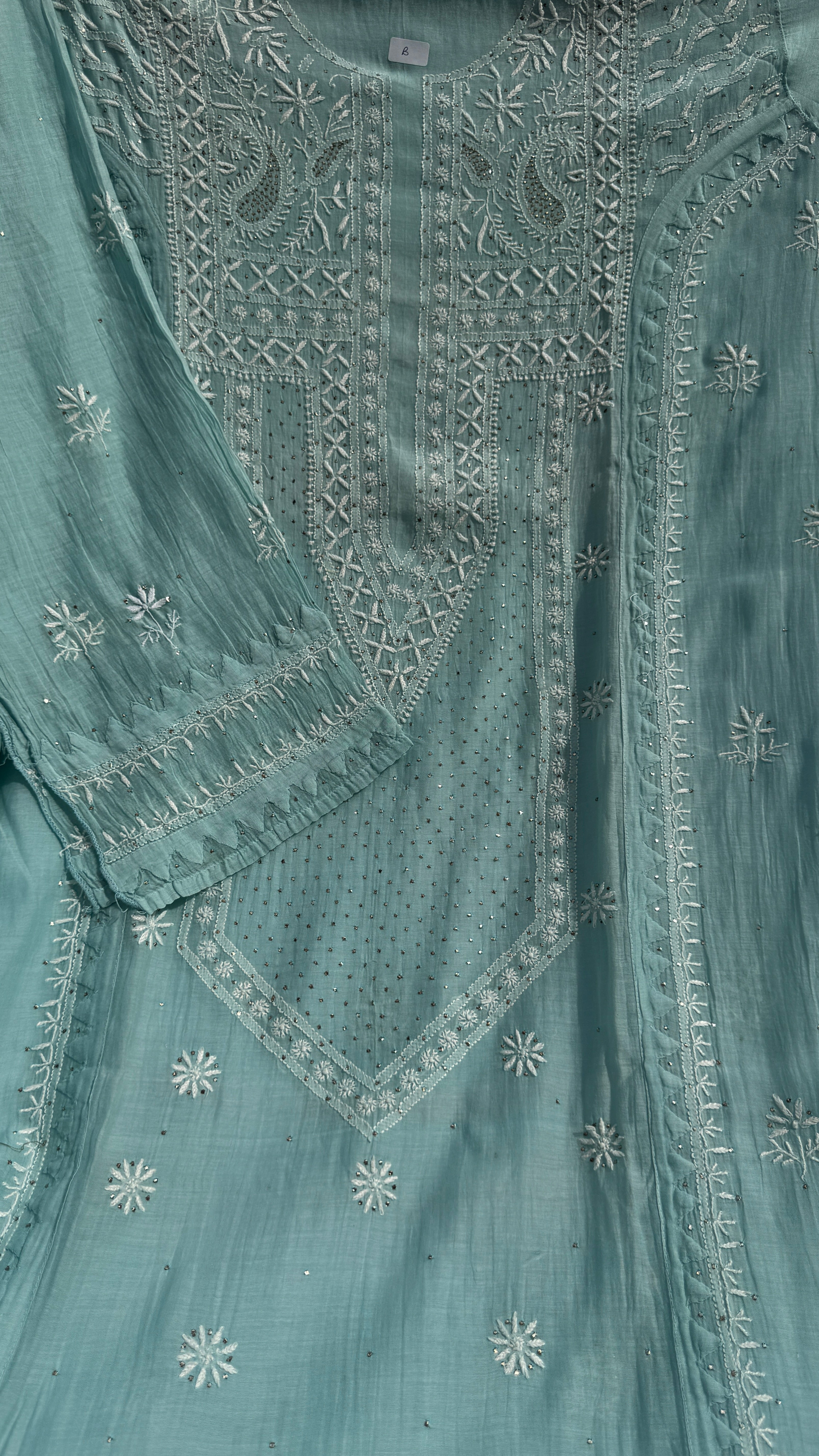 Mul Chanderi Chikankari Unstitched Length with Dupatta with Mukaish Add-On- Tiffany