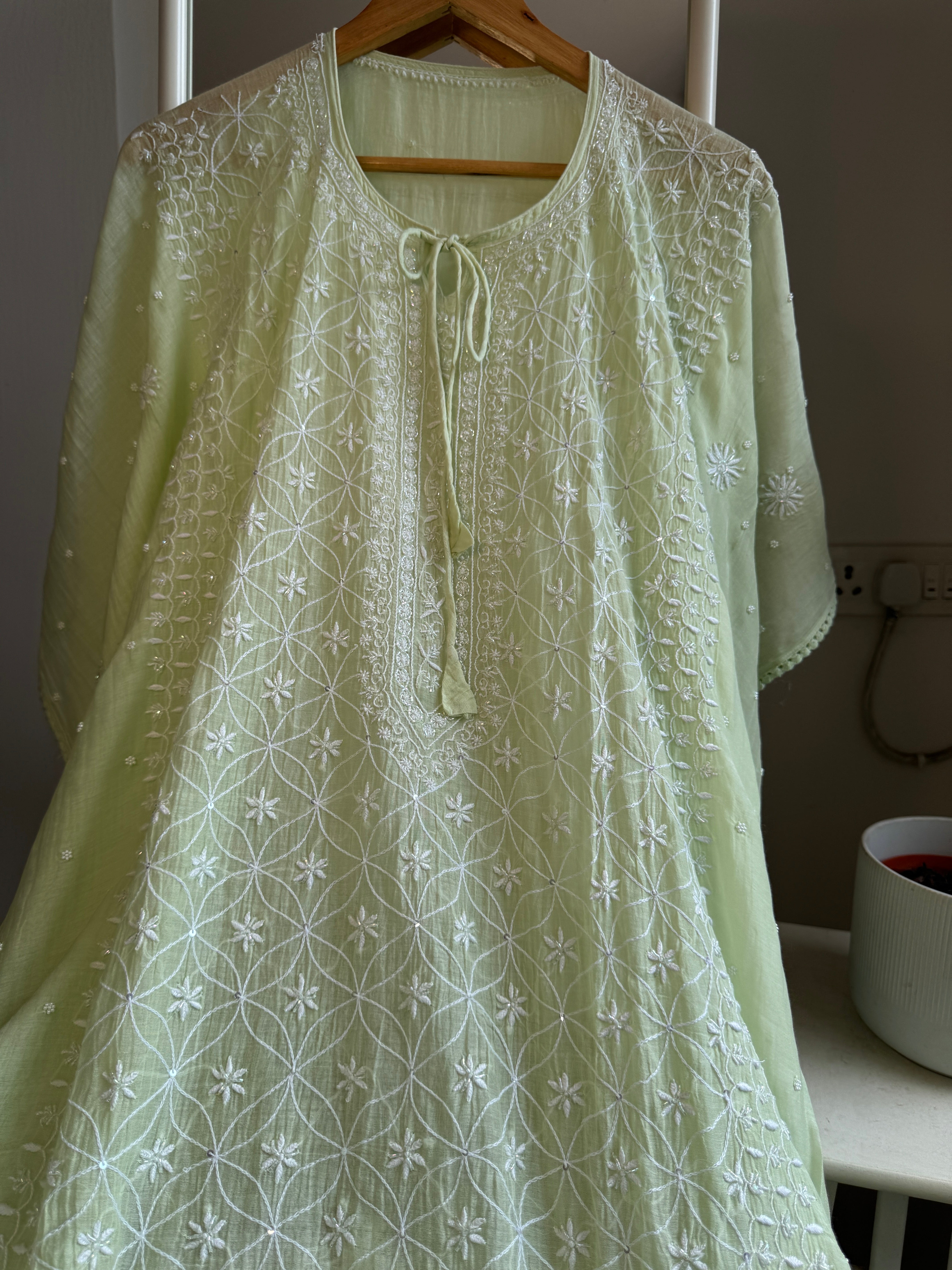 Mul Chanderi Chikankari Kaftan - Green ARIAA CHIKANKARI 