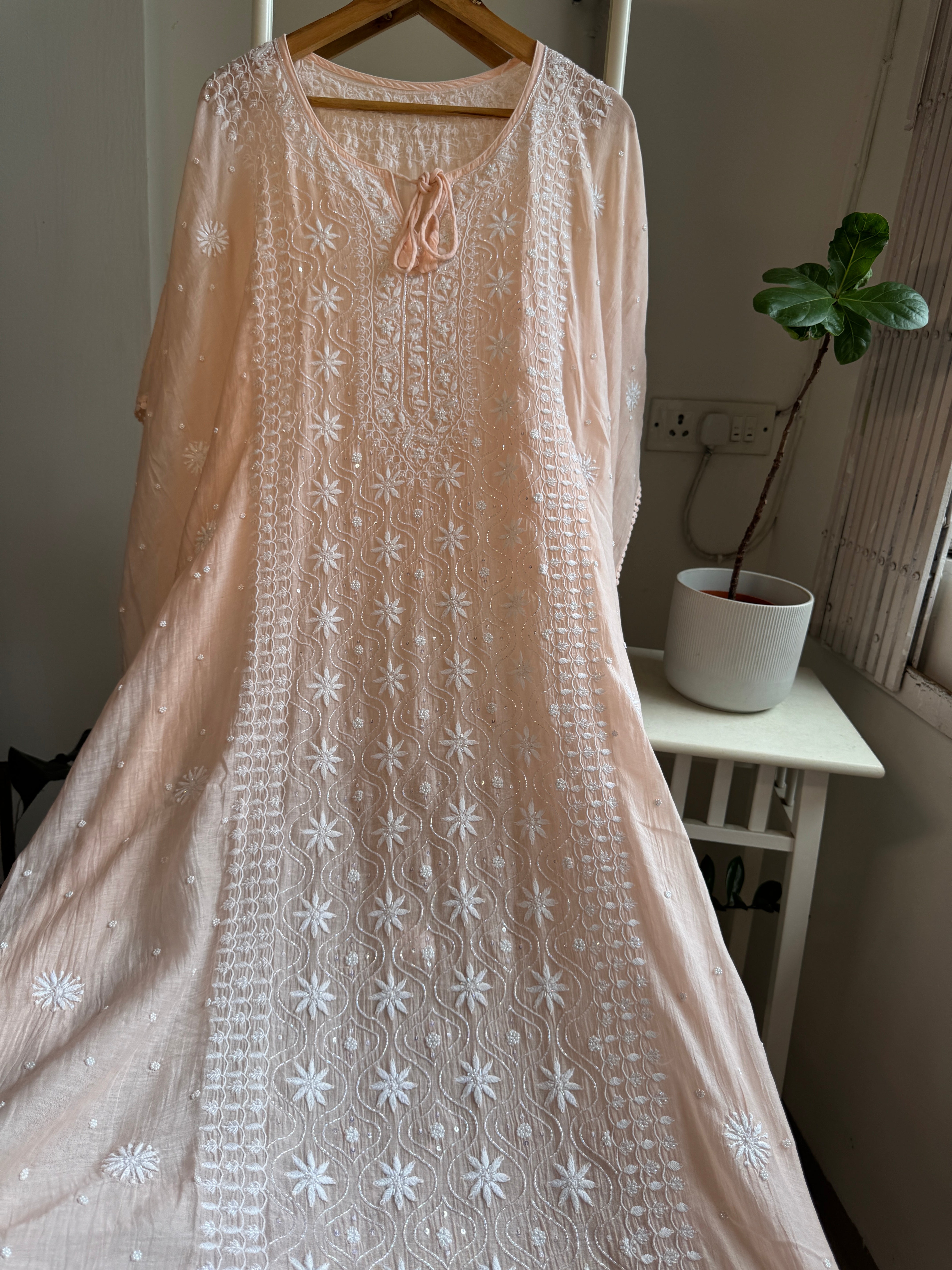 Mul Chanderi Chikankari Kaftan - Blush peach ARIAA CHIKANKARI 