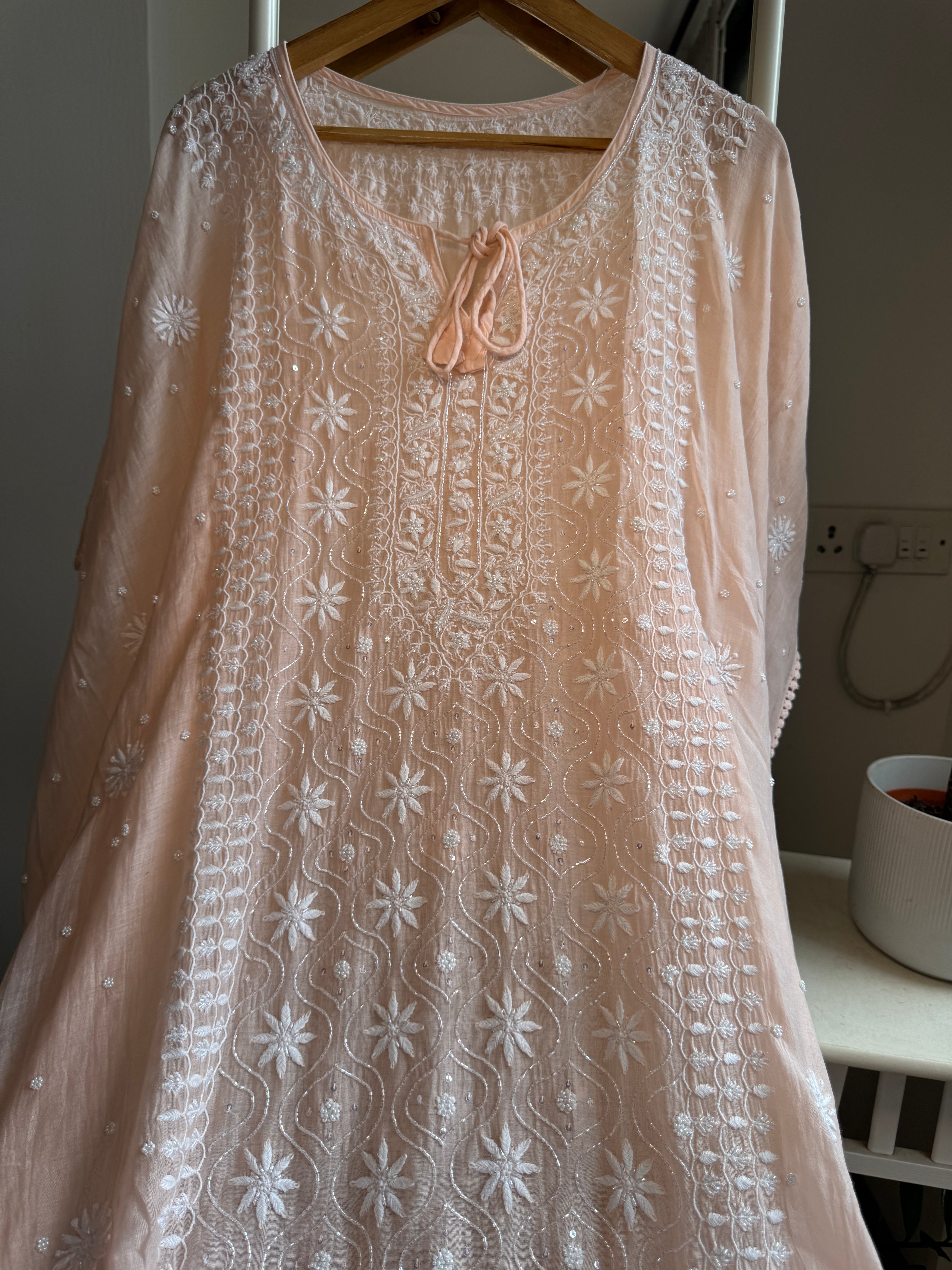 Mul Chanderi Chikankari Kaftan - Blush peach ARIAA CHIKANKARI 