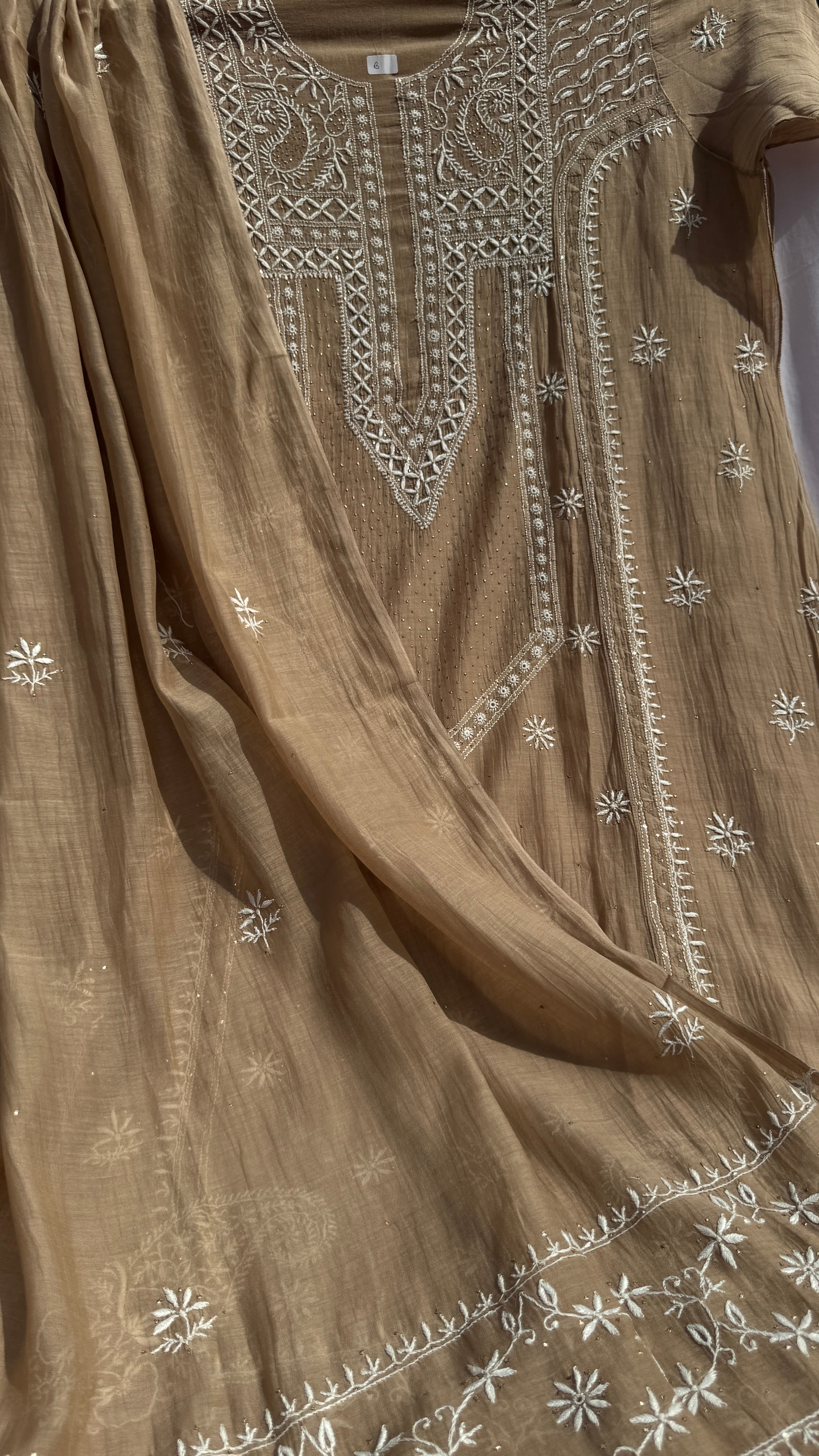 Mul Chanderi Chikankari Unstitched Length with Dupatta with Mukaish Add-On- Soft Brown