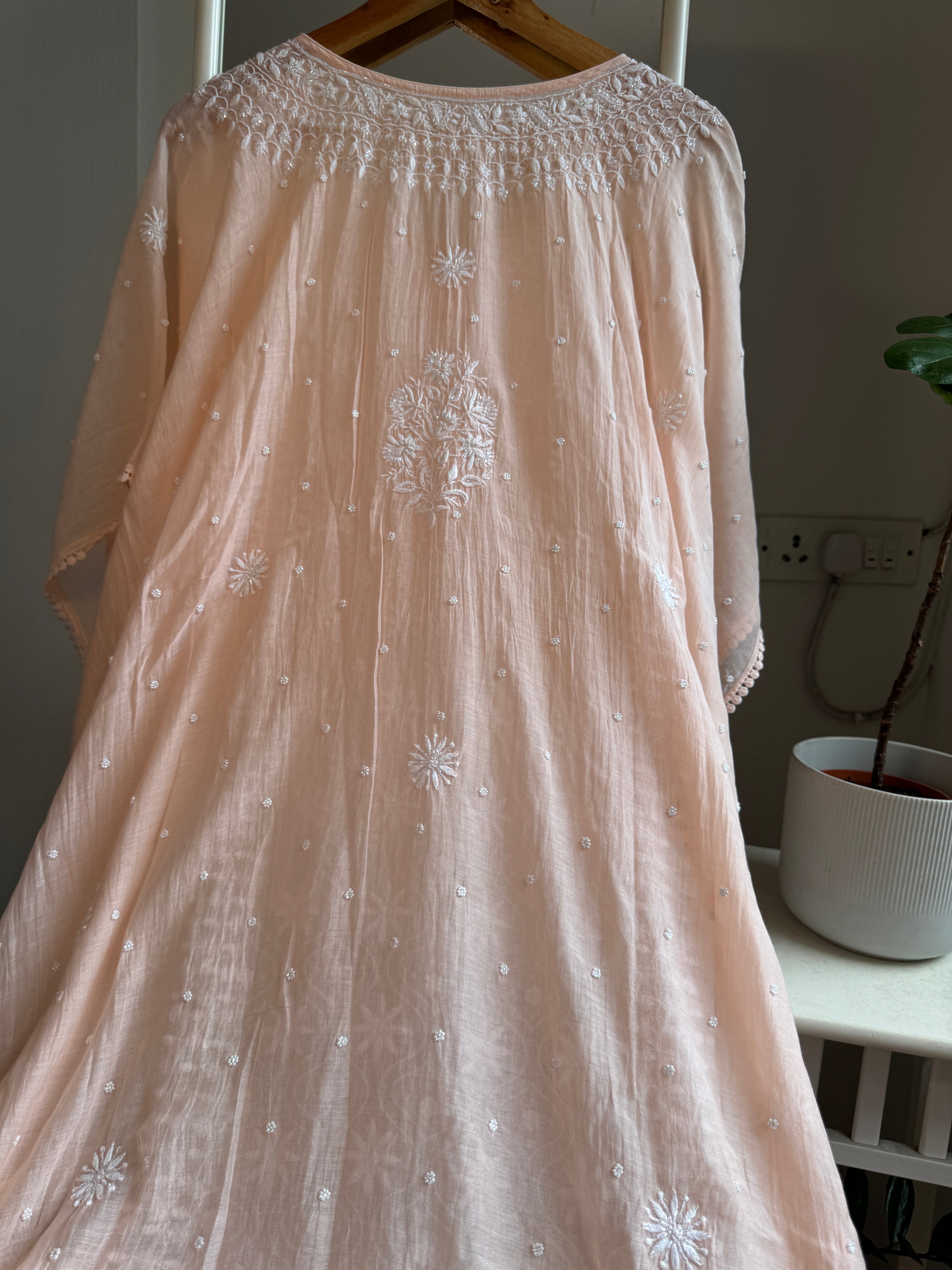 Mul Chanderi Chikankari Kaftan - Blush peach ARIAA CHIKANKARI 