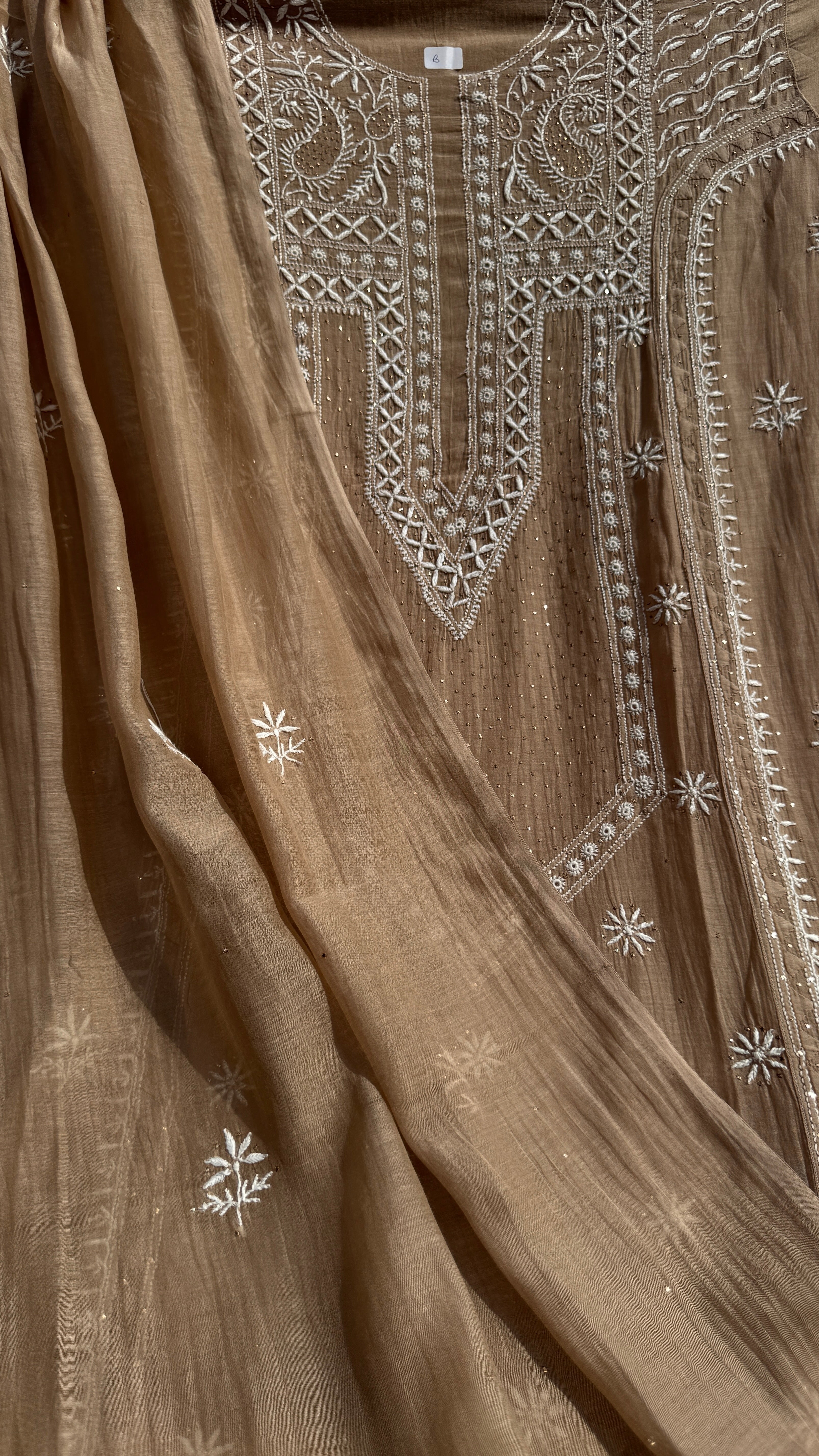 Mul Chanderi Chikankari Unstitched Length with Dupatta with Mukaish Add-On- Soft Brown