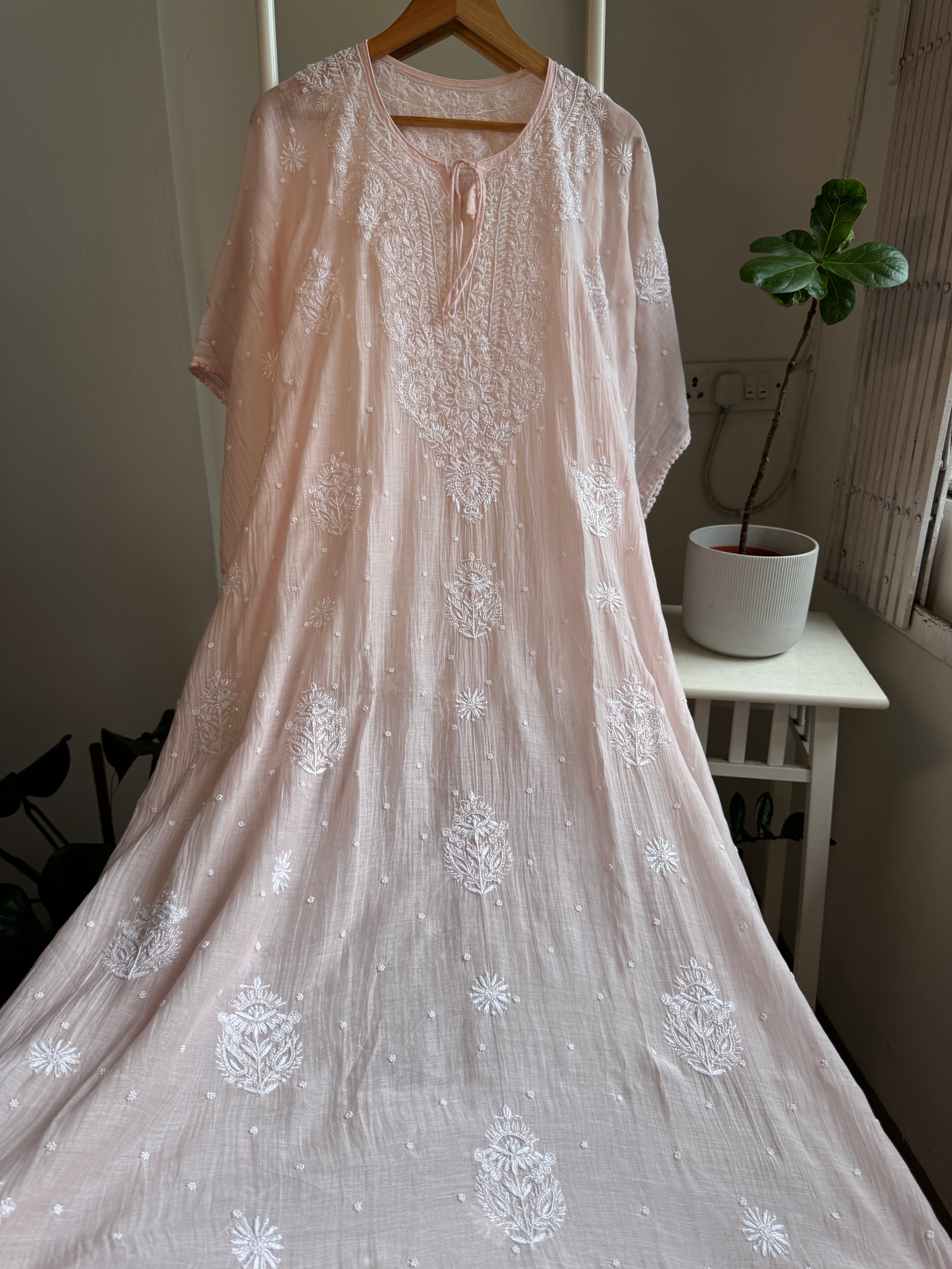 Mul Chanderi Chikankari Kaftan - Pale Pink ARIAA CHIKANKARI 