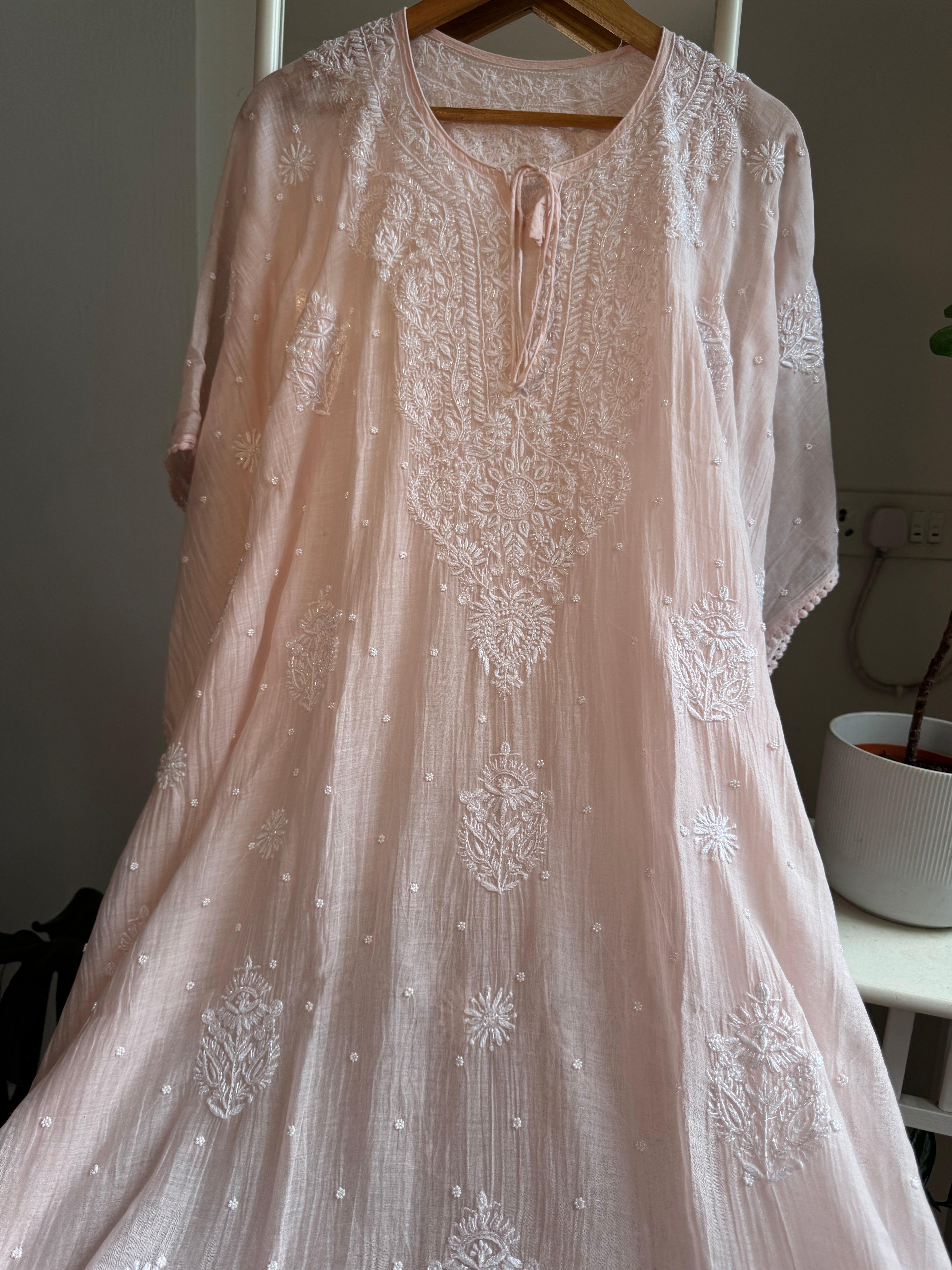 Mul Chanderi Chikankari Kaftan - Pale Pink ARIAA CHIKANKARI 