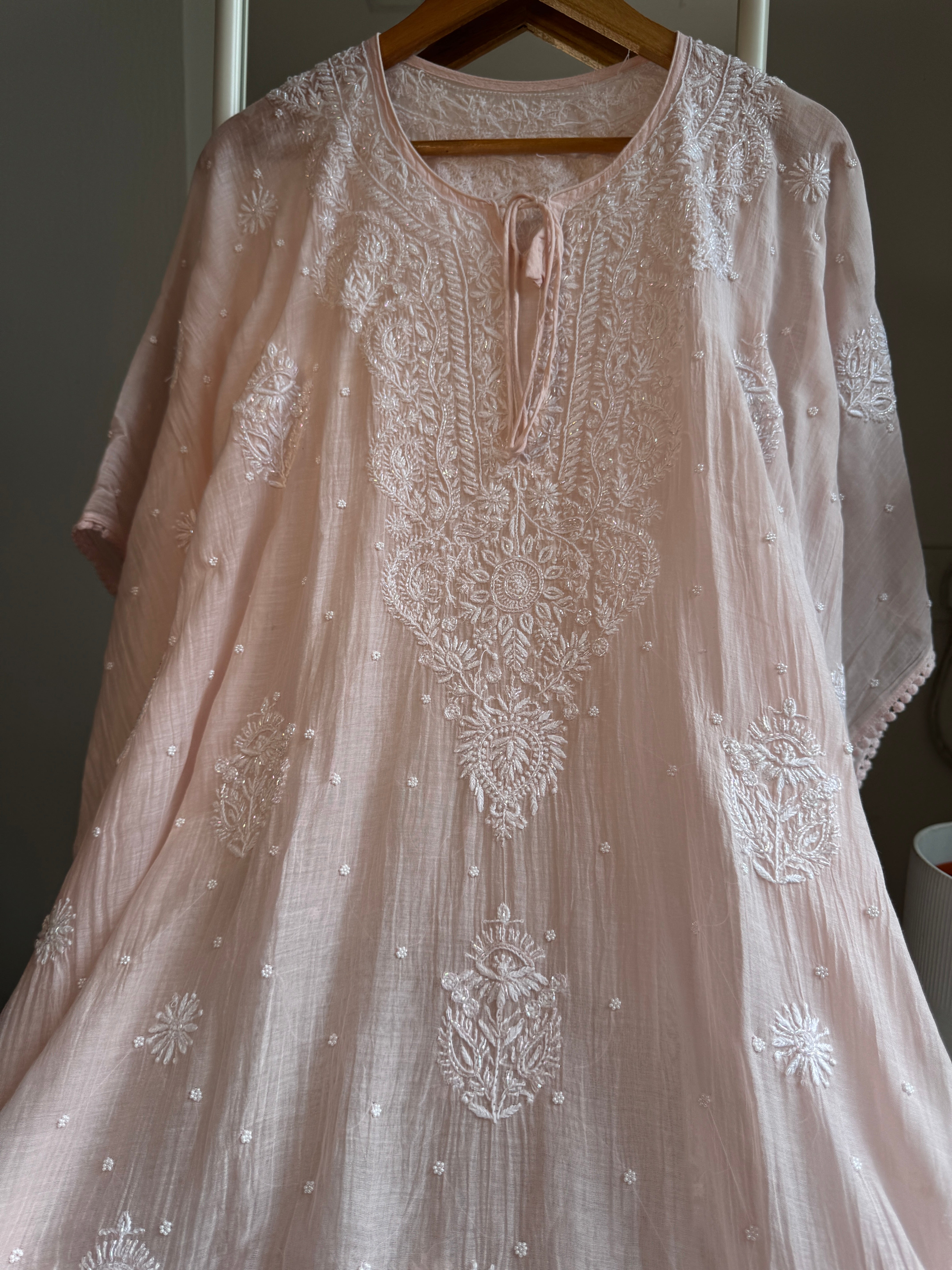 Mul Chanderi Chikankari Kaftan - Pale Pink ARIAA CHIKANKARI 