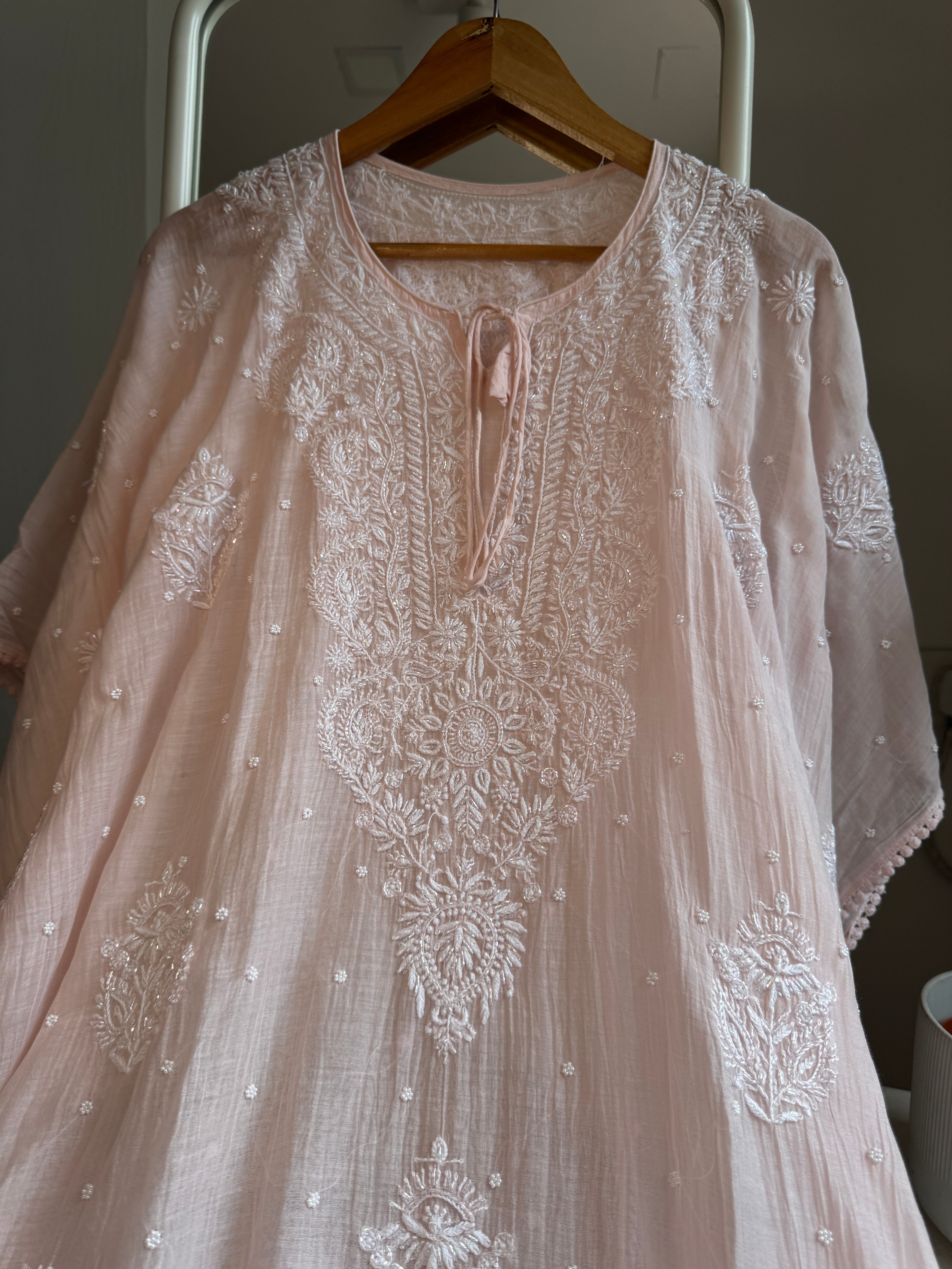 Mul Chanderi Chikankari Kaftan - Pale Pink ARIAA CHIKANKARI 