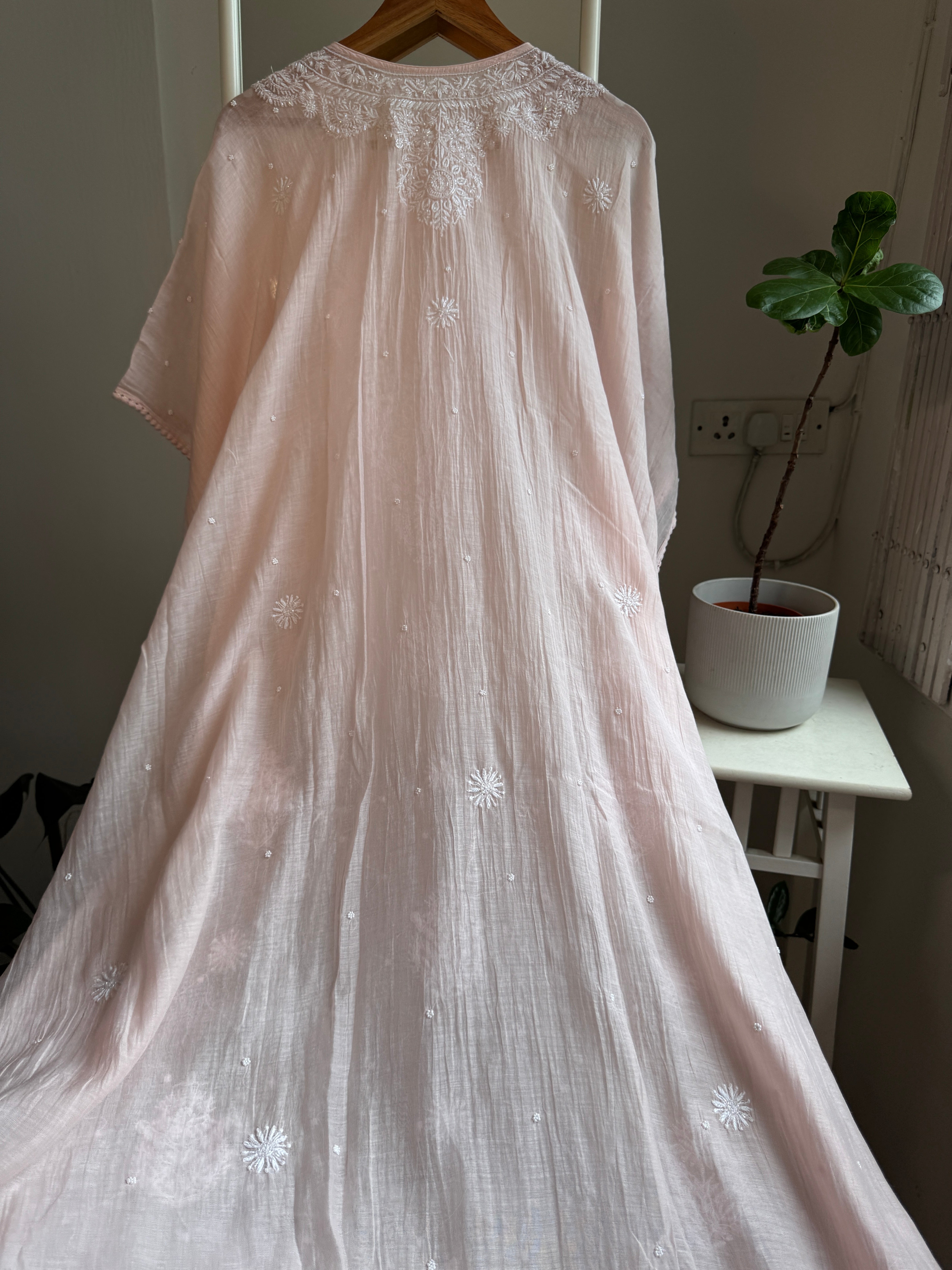 Mul Chanderi Chikankari Kaftan - Pale Pink ARIAA CHIKANKARI 
