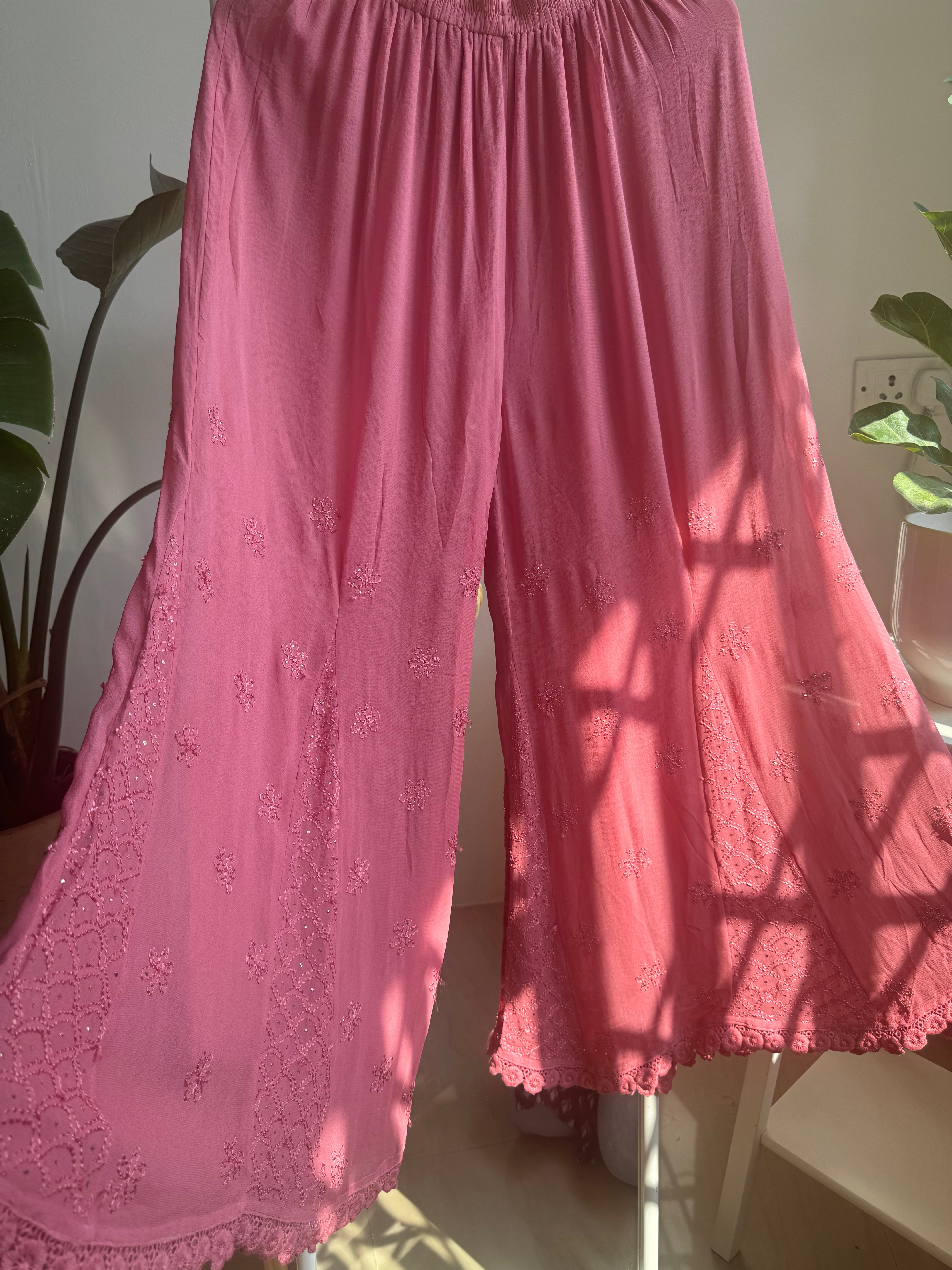 Chikankari Plazzo with mukaish - Flare - Rosewood ARIAA CHIKANKARI 