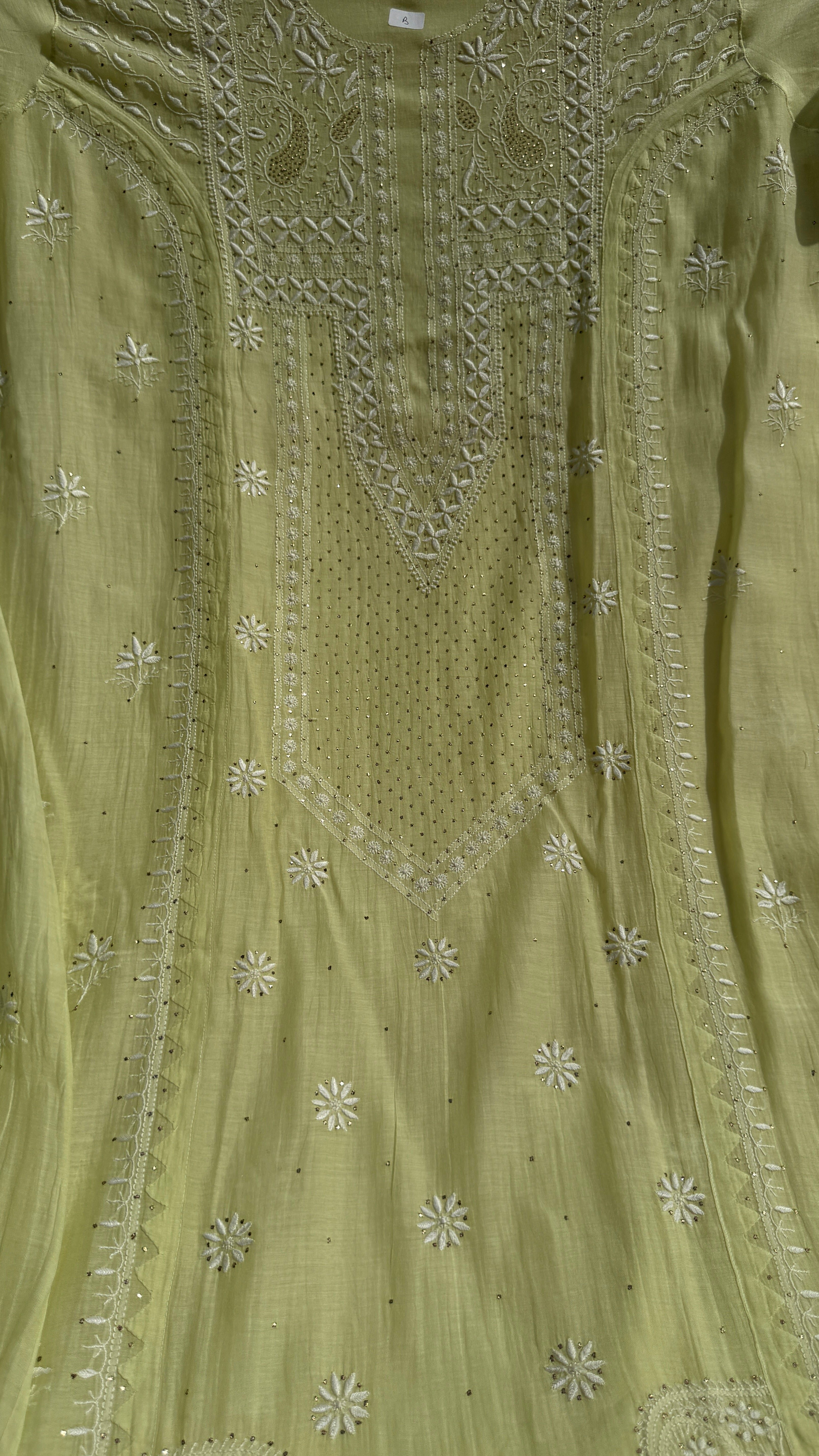 Mul Chanderi Chikankari Unstitched Length with Dupatta with Mukaish Add-On- Apple Green