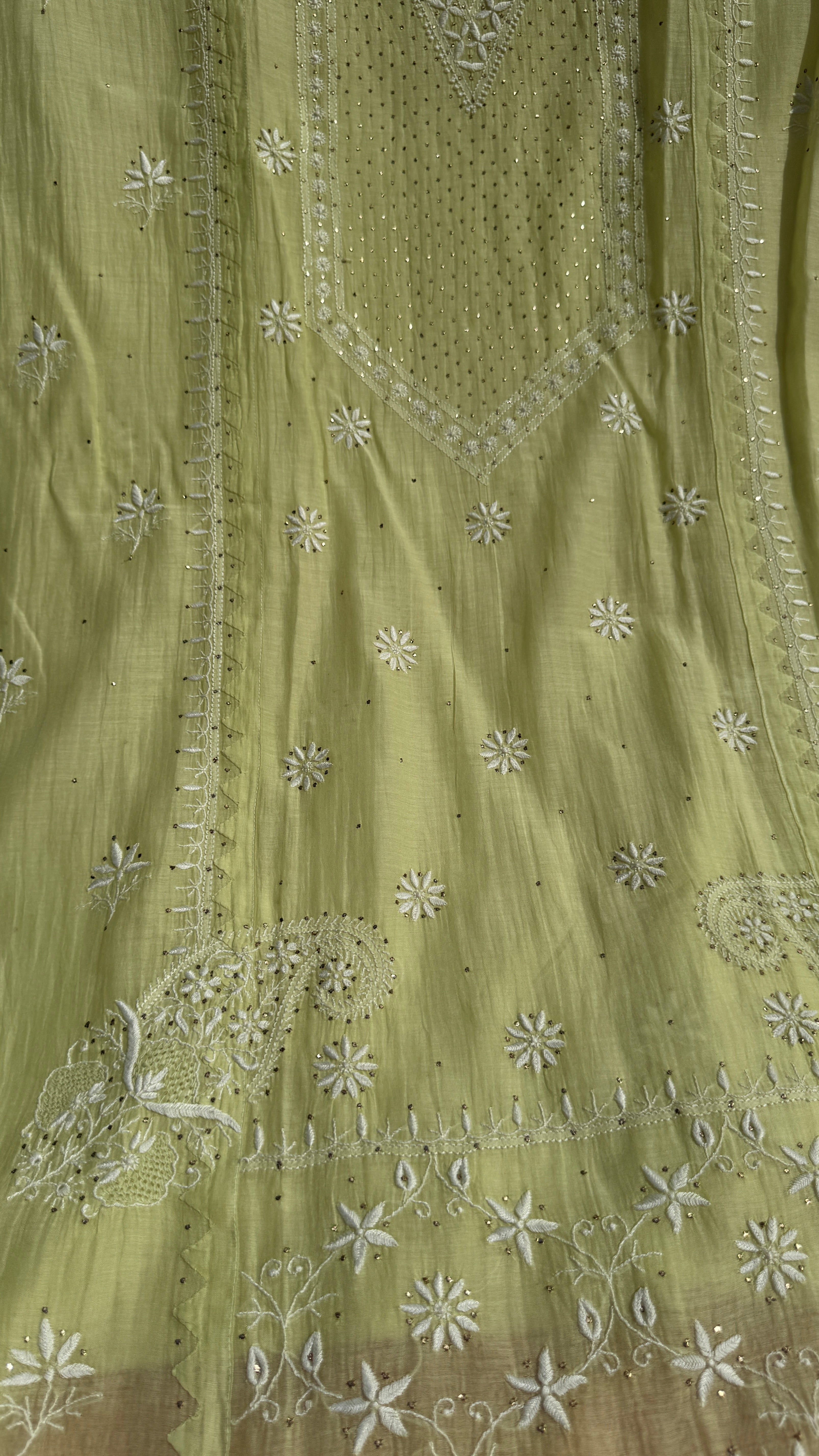 Mul Chanderi Chikankari Unstitched Length with Dupatta with Mukaish Add-On- Apple Green