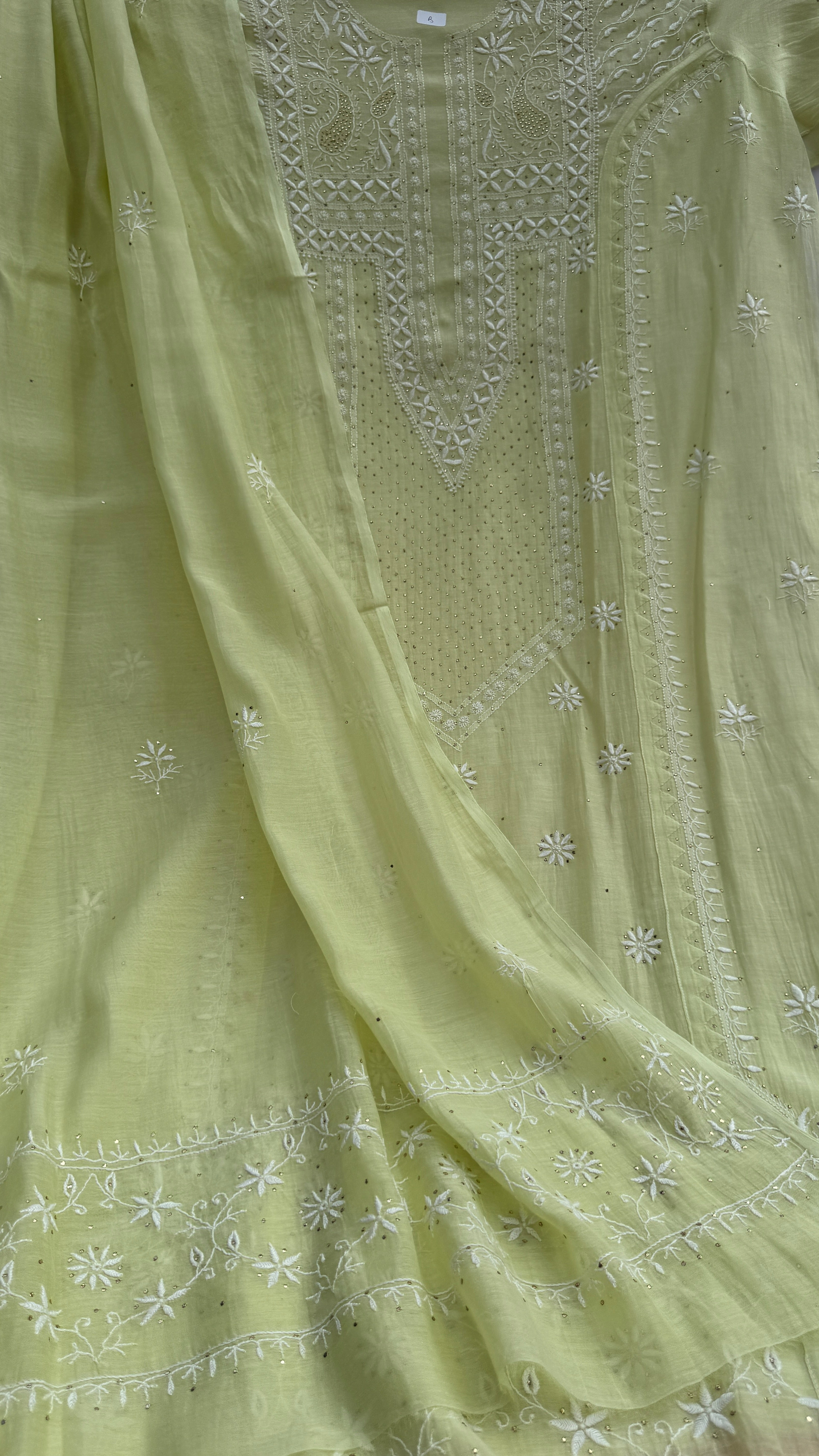 Mul Chanderi Chikankari Unstitched Length with Dupatta with Mukaish Add-On- Apple Green