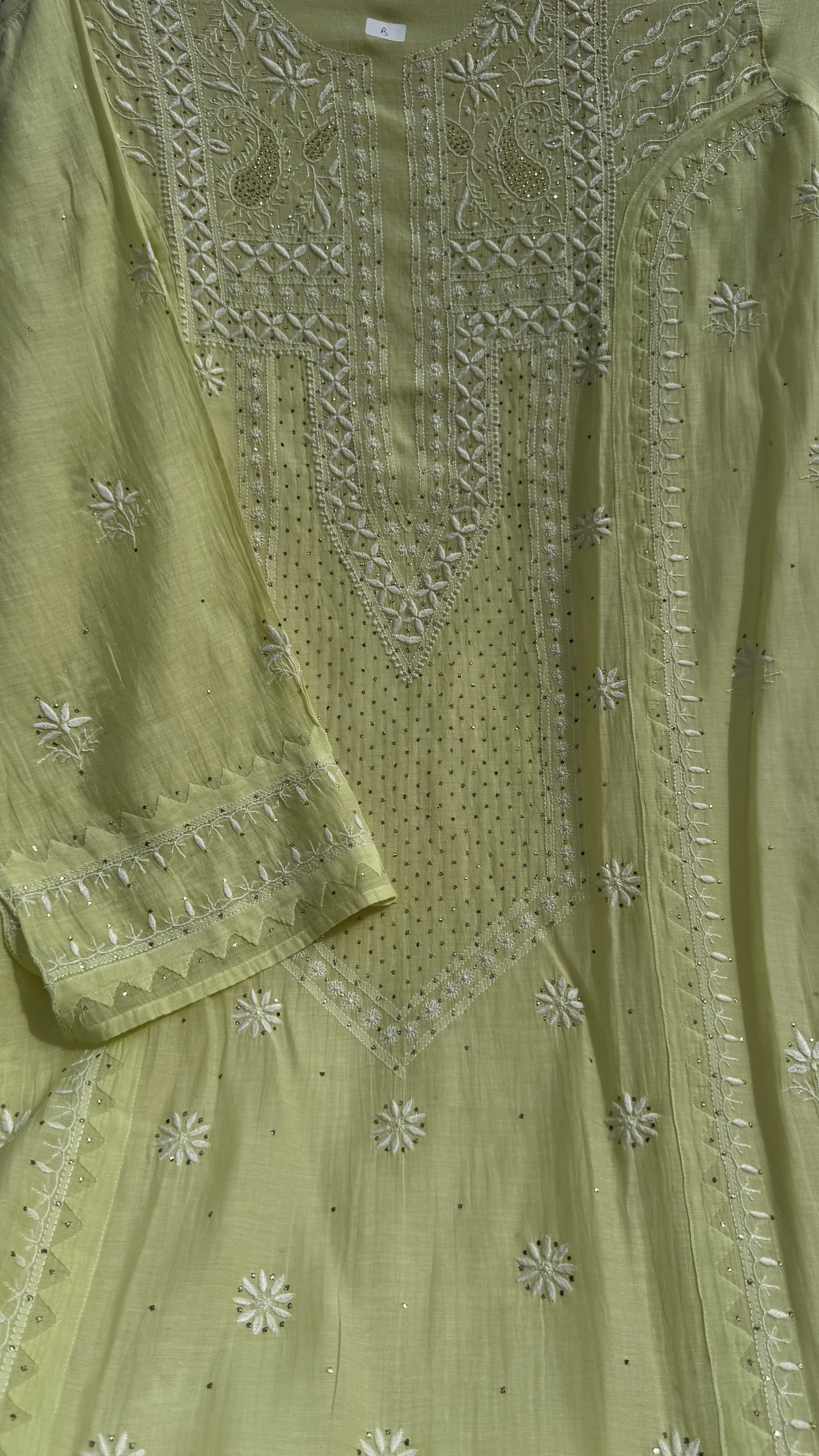 Mul Chanderi Chikankari Unstitched Length with Dupatta with Mukaish Add-On- Apple Green