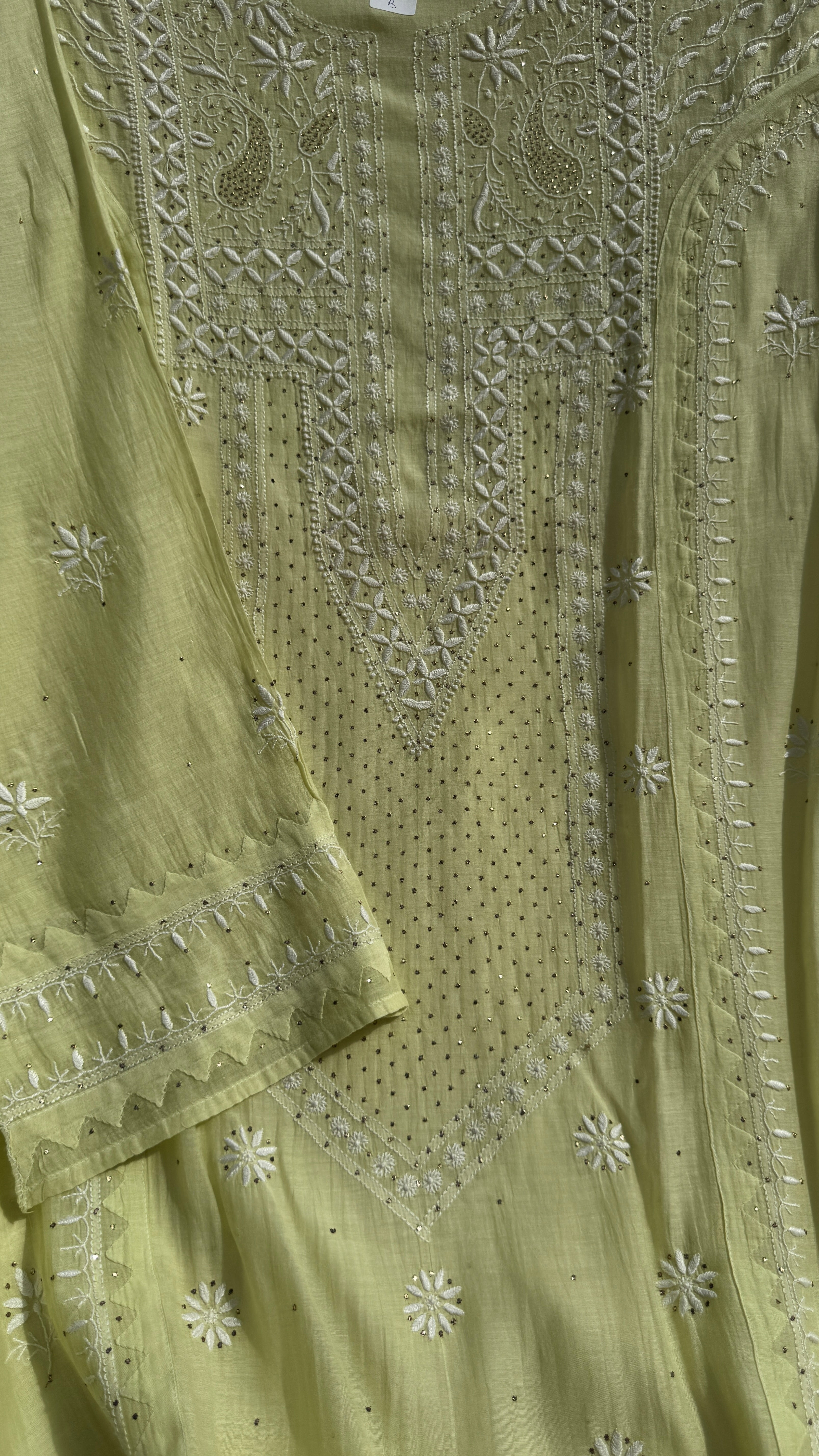 Mul Chanderi Chikankari Unstitched Length with Dupatta with Mukaish Add-On- Apple Green