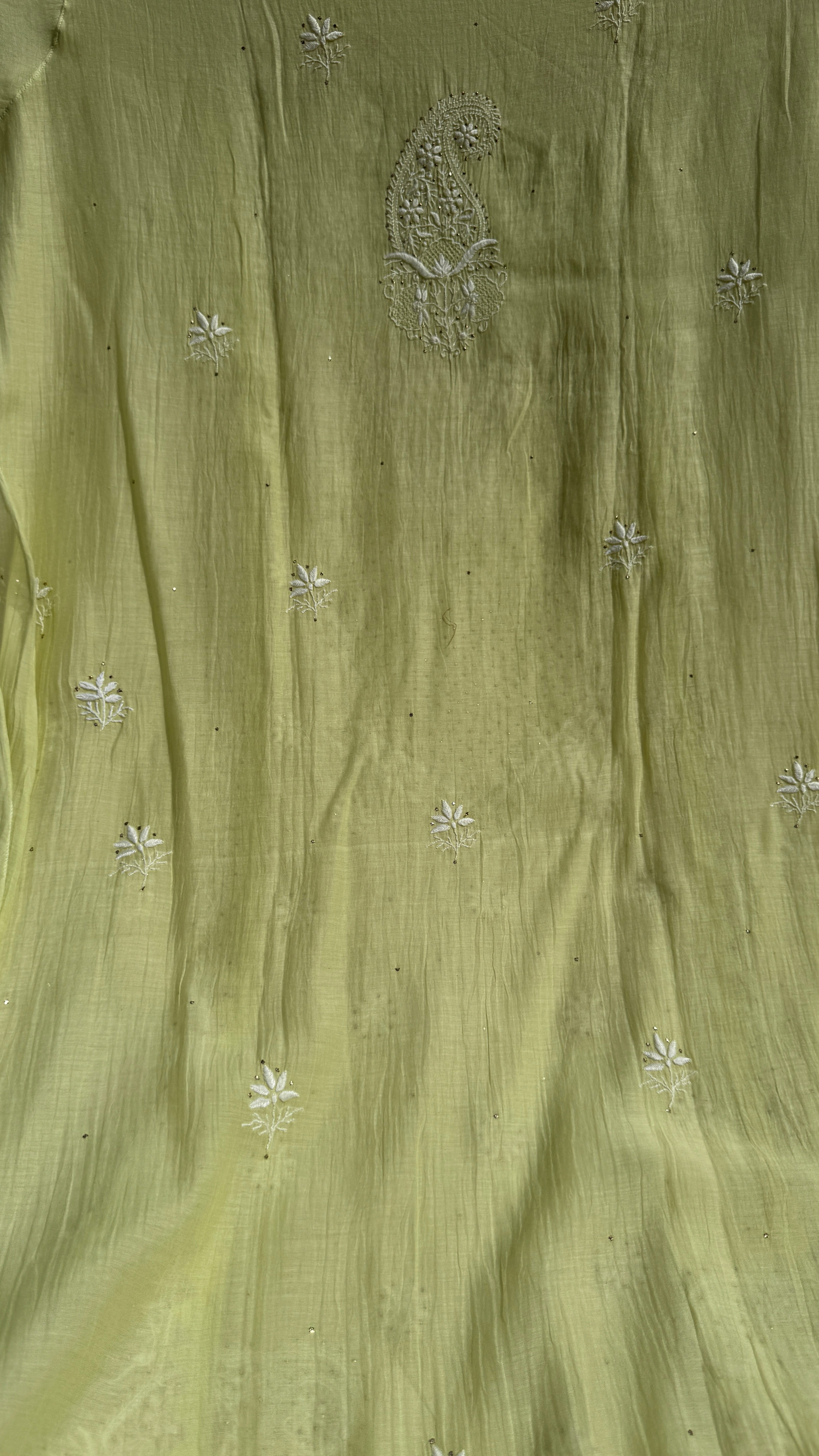 Mul Chanderi Chikankari Unstitched Length with Dupatta with Mukaish Add-On- Apple Green