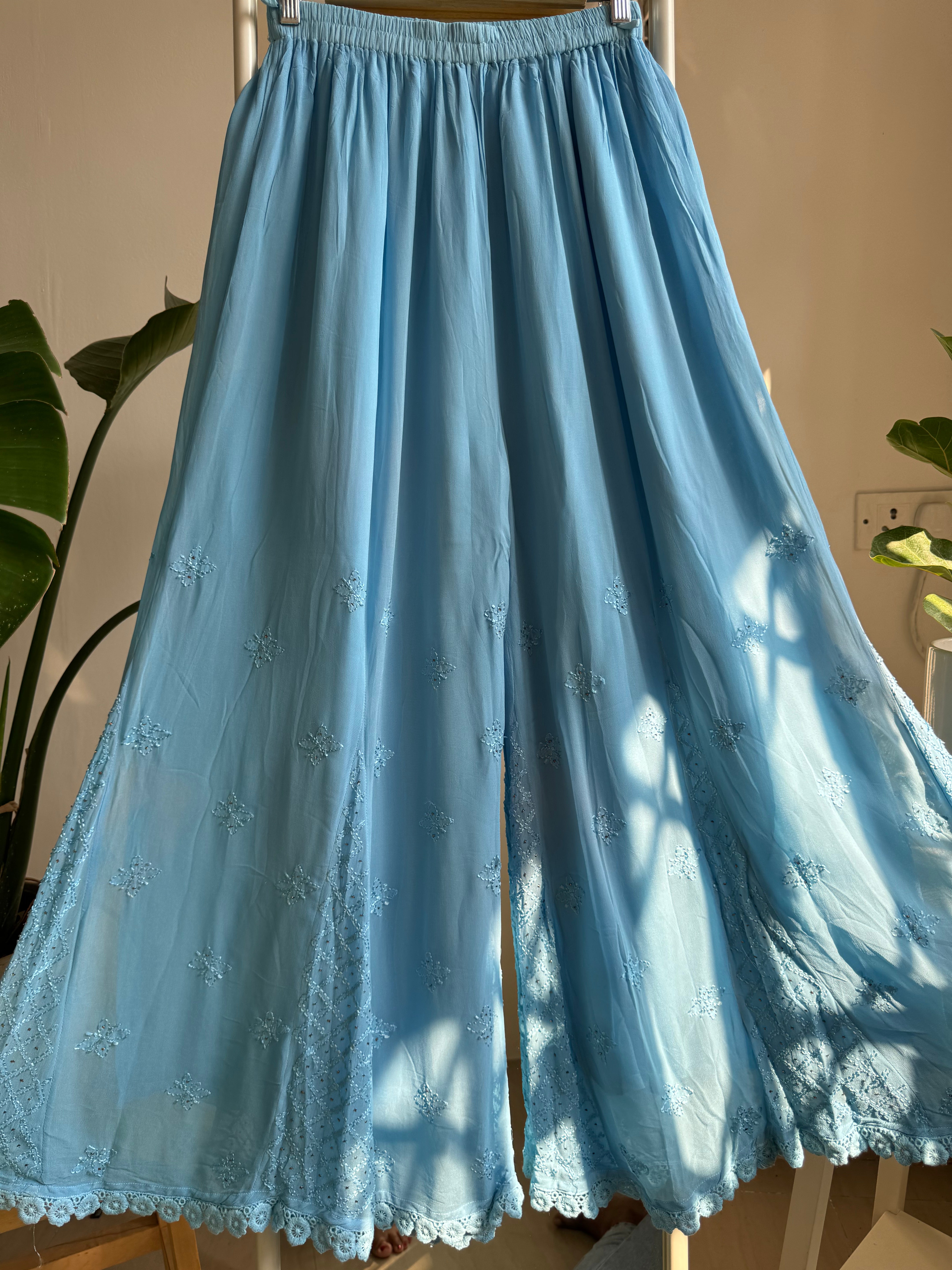 Chikankari Plazzo with mukaish - Flare - Blue ARIAA CHIKANKARI 