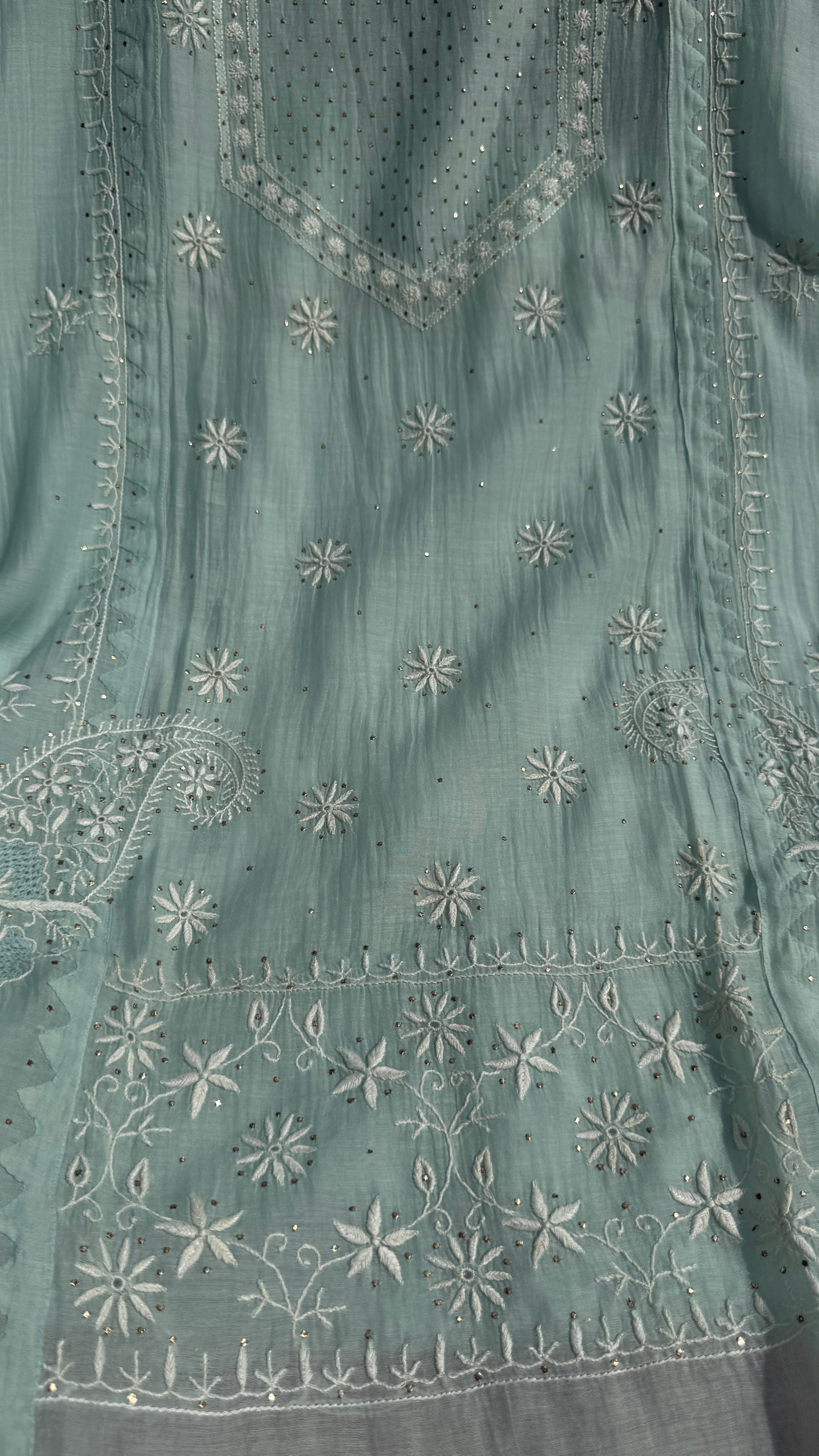 Mul Chanderi Chikankari Unstitched Length with Dupatta with Mukaish Add-On- Sea Blue