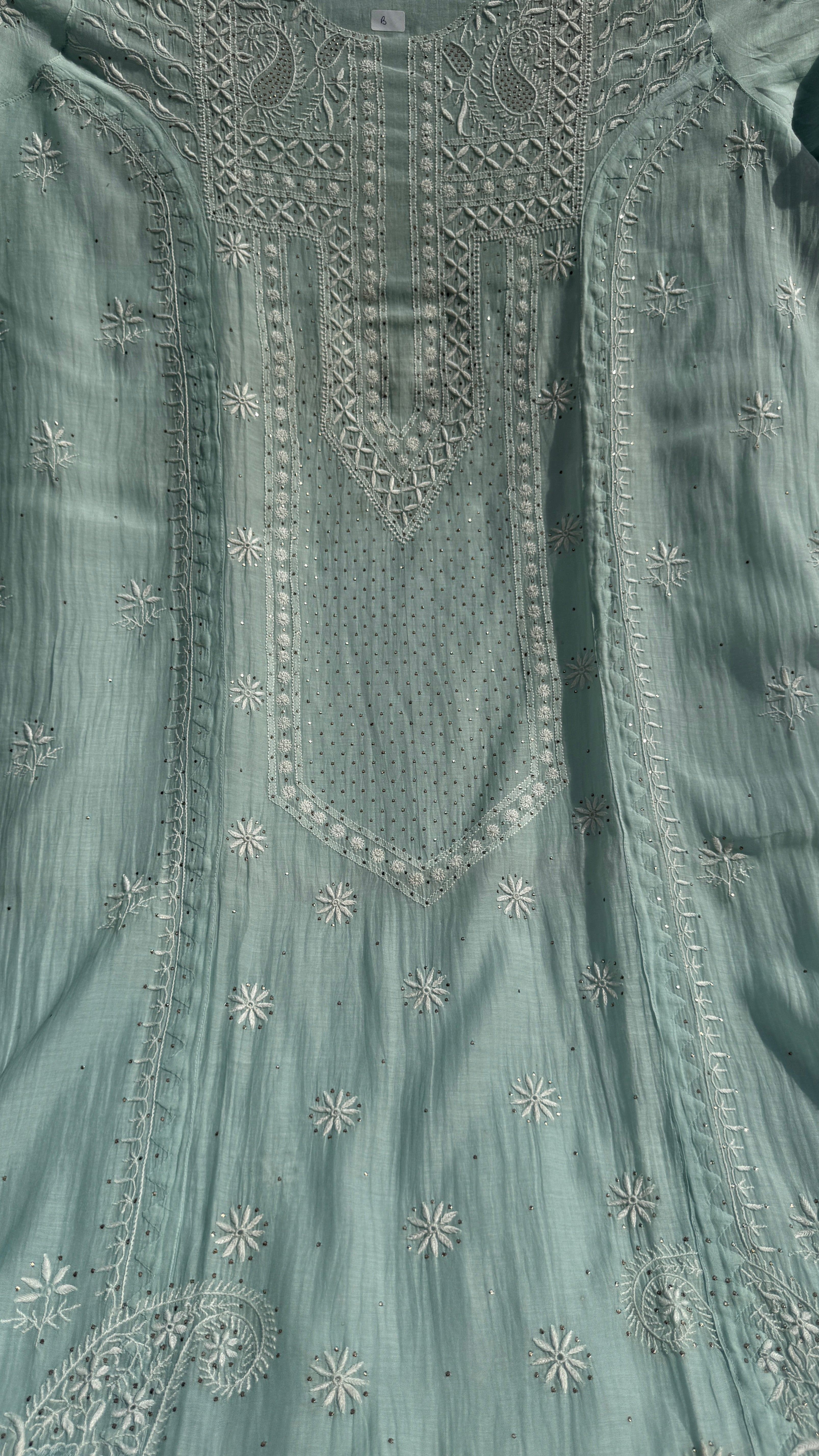 Mul Chanderi Chikankari Unstitched Length with Dupatta with Mukaish Add-On- Sea Blue