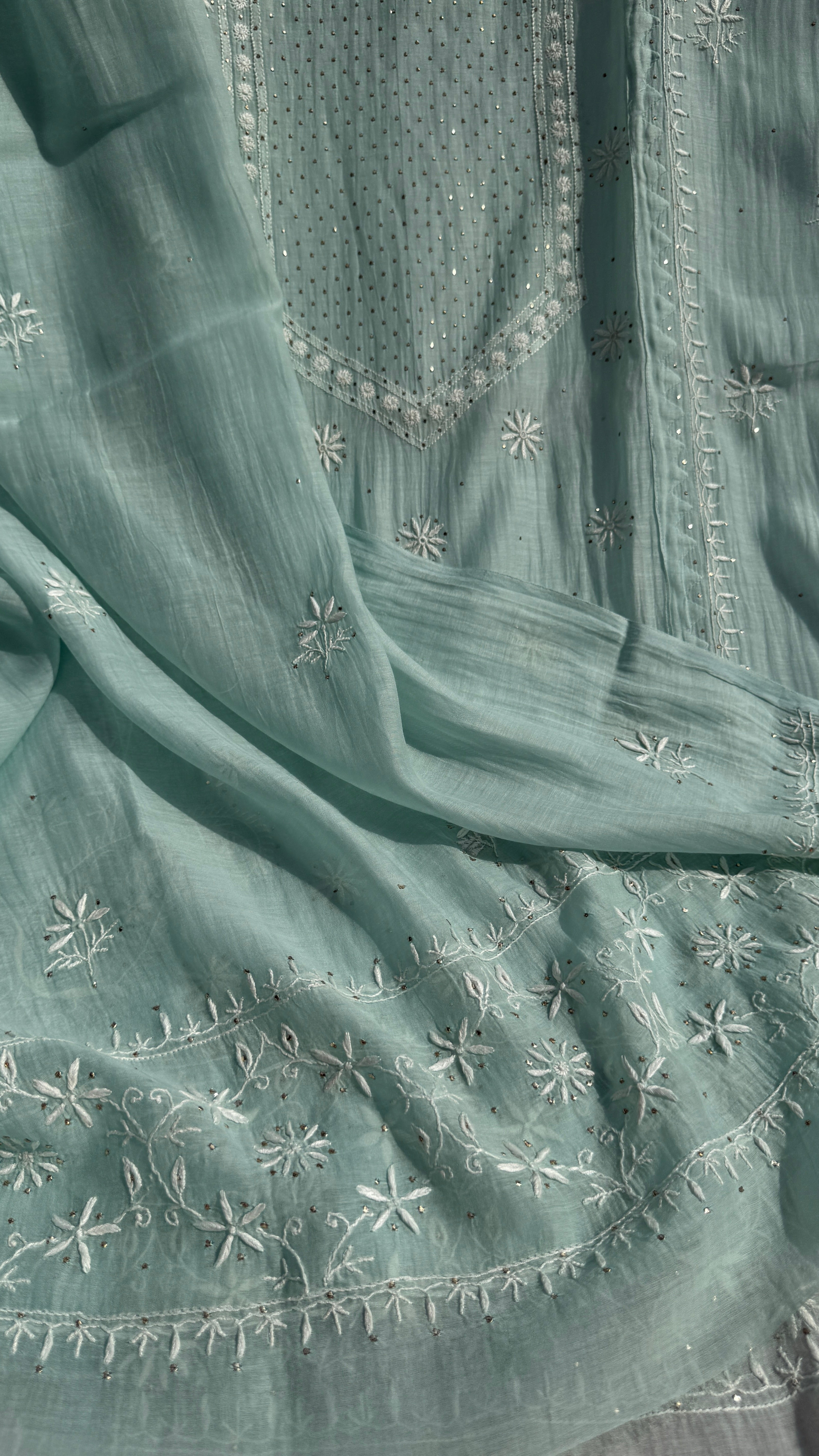 Mul Chanderi Chikankari Unstitched Length with Dupatta with Mukaish Add-On- Sea Blue