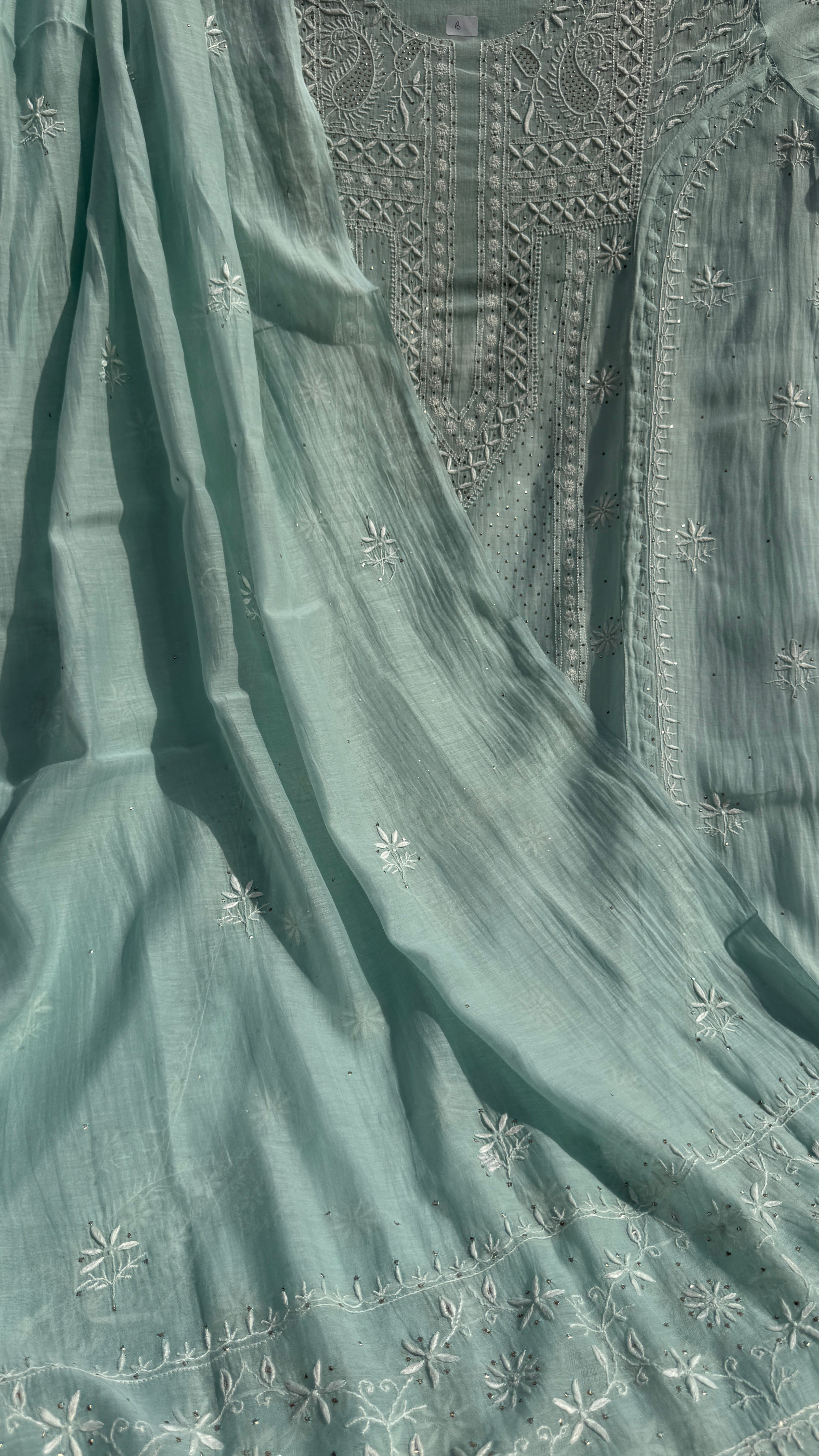 Mul Chanderi Chikankari Unstitched Length with Dupatta with Mukaish Add-On- Sea Blue