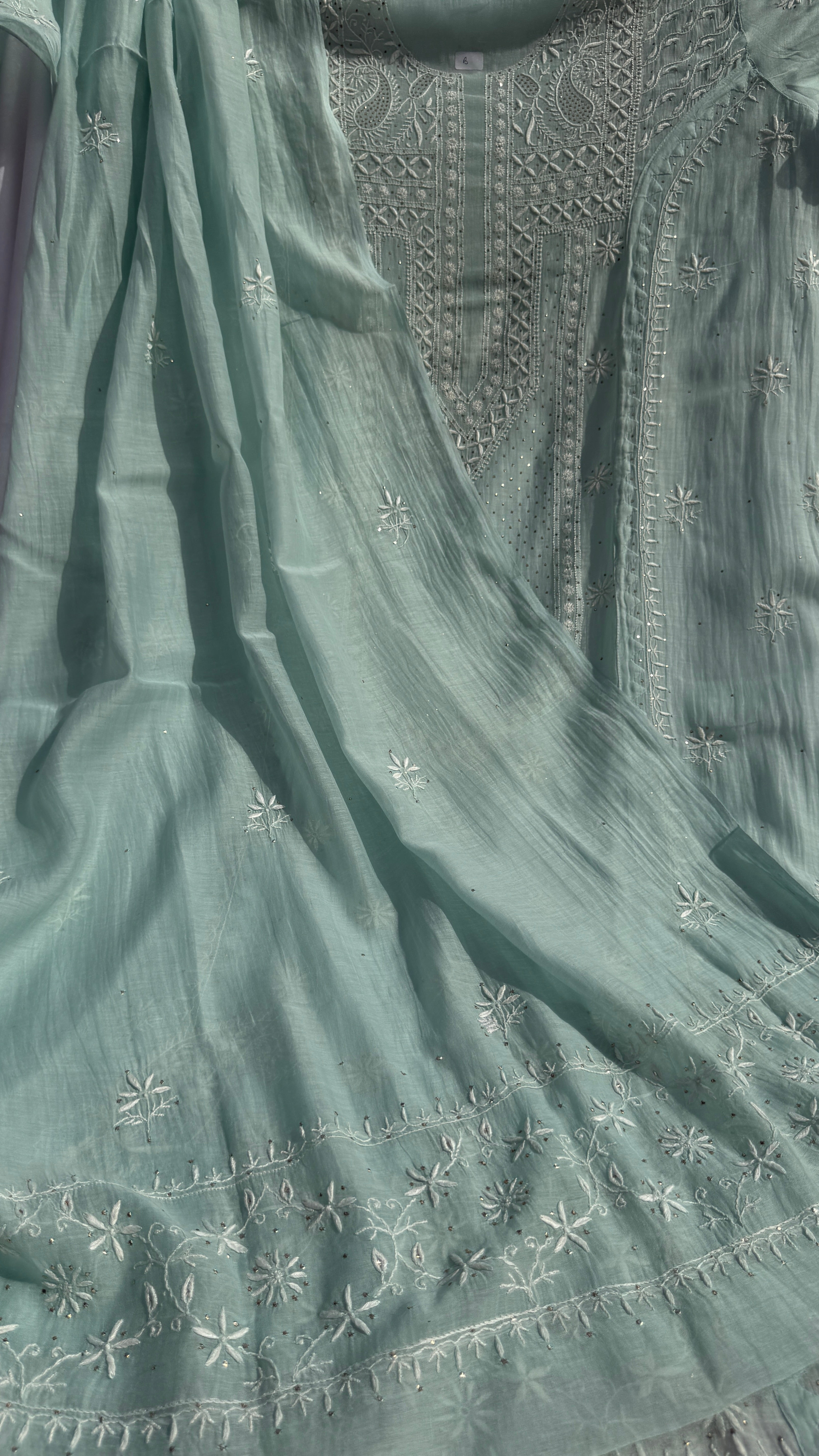Mul Chanderi Chikankari Unstitched Length with Dupatta with Mukaish Add-On- Sea Blue