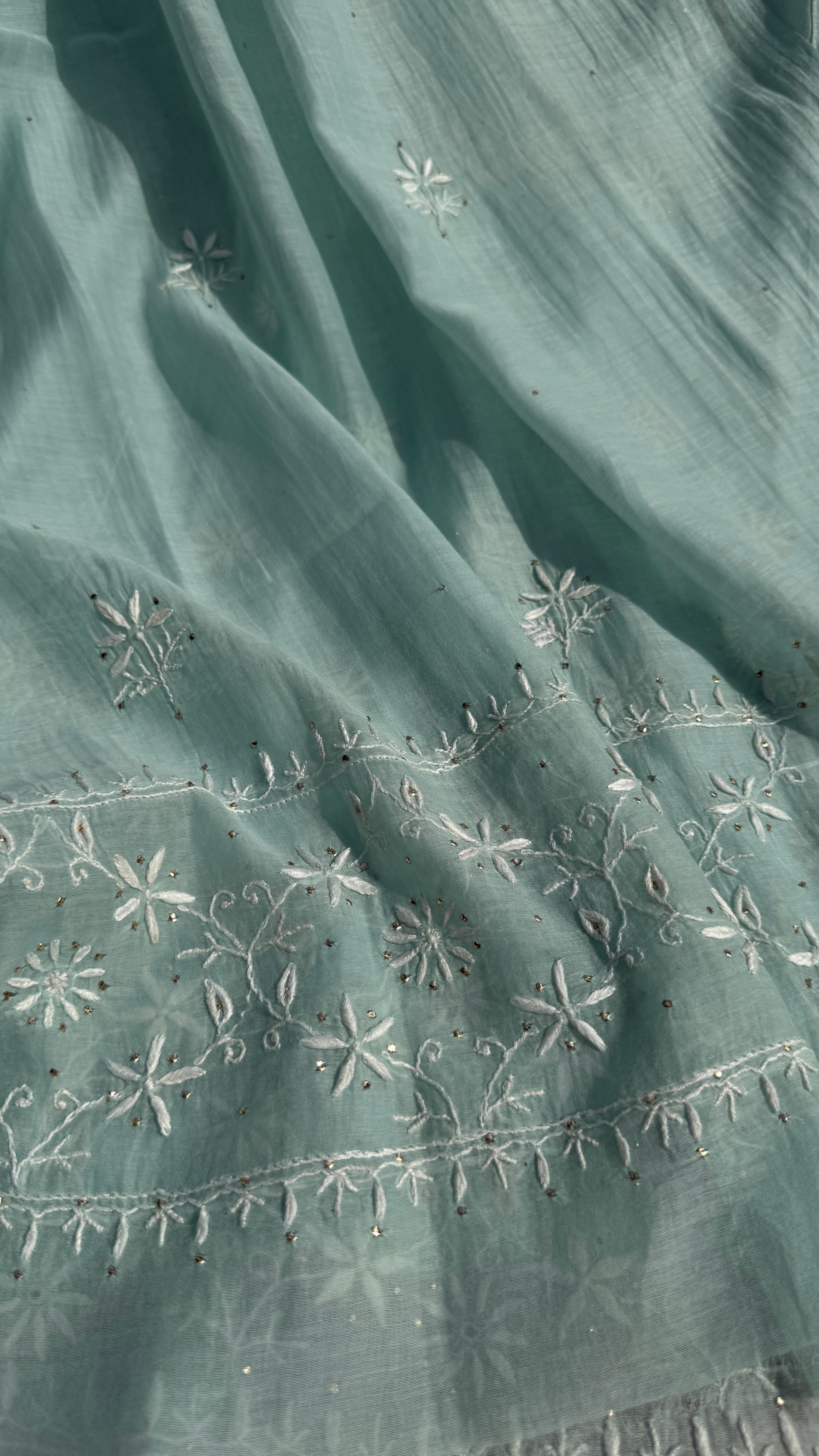 Mul Chanderi Chikankari Unstitched Length with Dupatta with Mukaish Add-On- Sea Blue