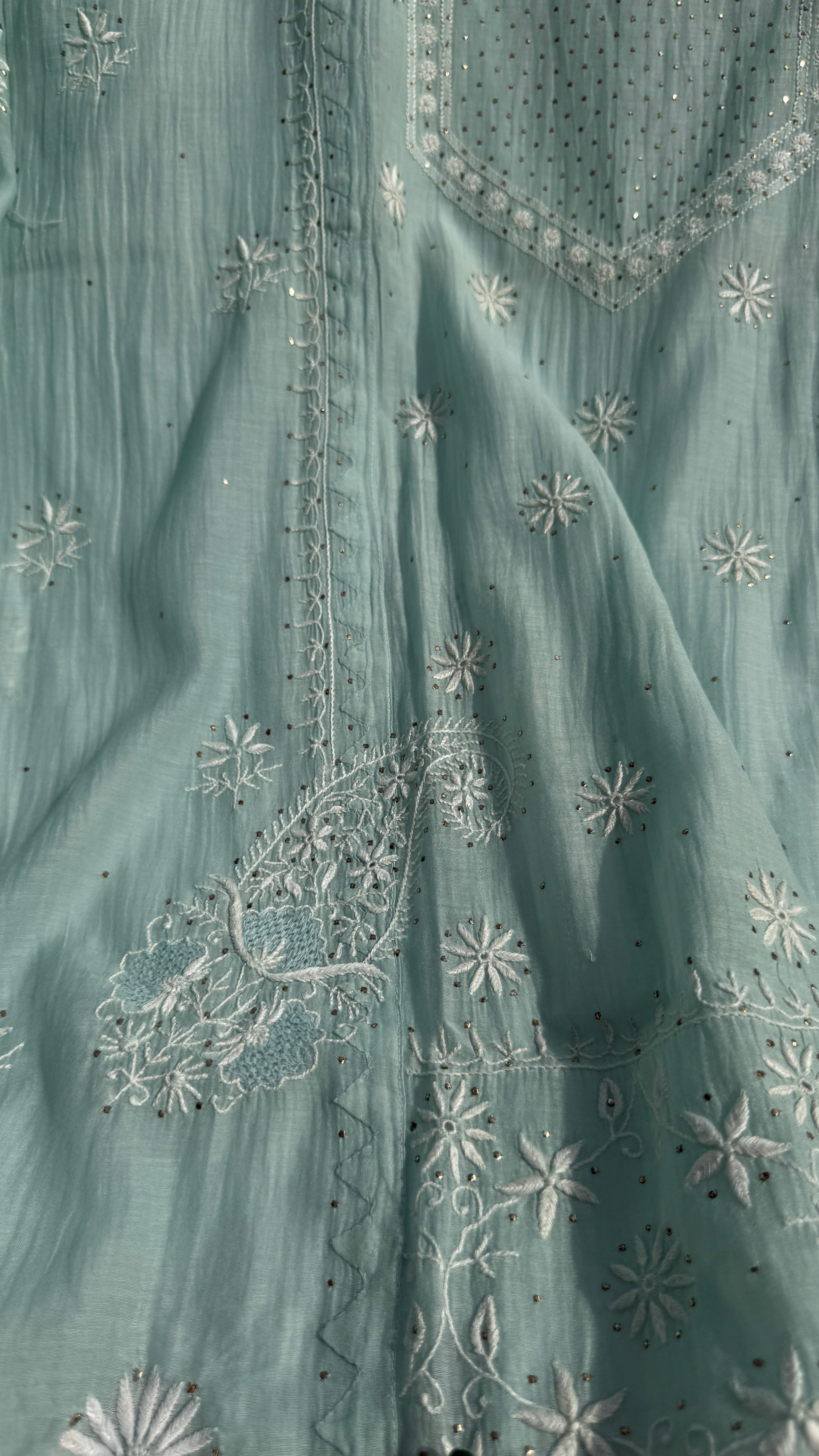 Mul Chanderi Chikankari Unstitched Length with Dupatta with Mukaish Add-On- Sea Blue