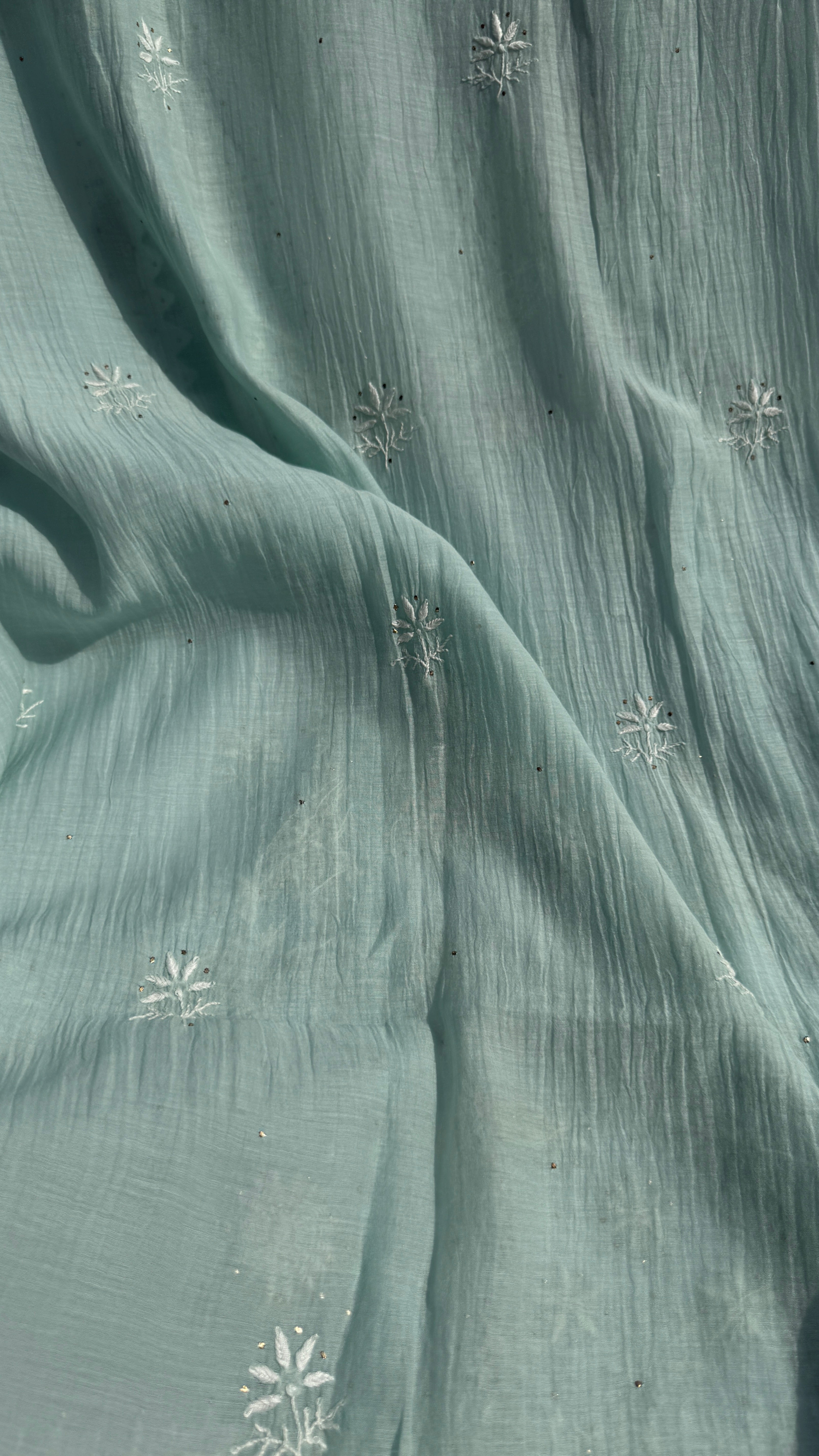 Mul Chanderi Chikankari Unstitched Length with Dupatta with Mukaish Add-On- Sea Blue