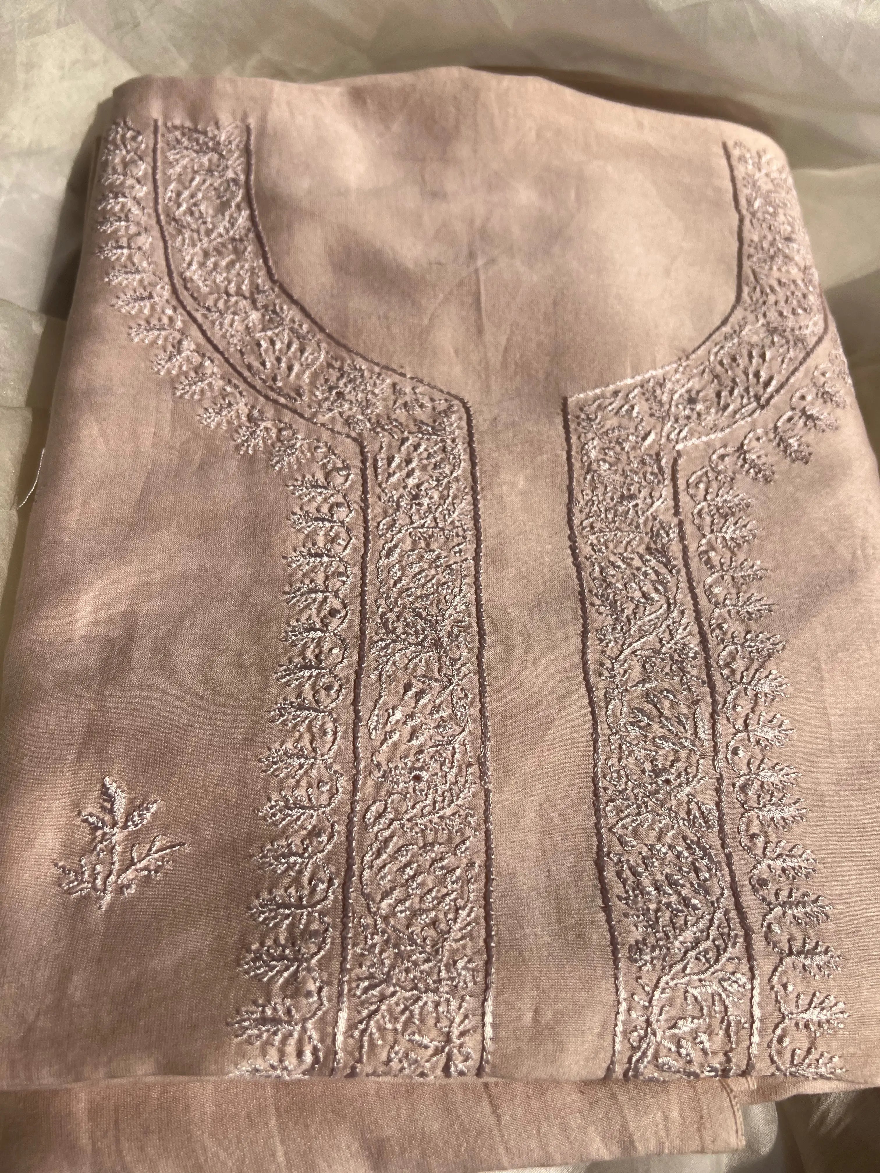 Chanderi Chikankari Kurta Length - Mens- Pale pink ARIAA CHIKANKARI 