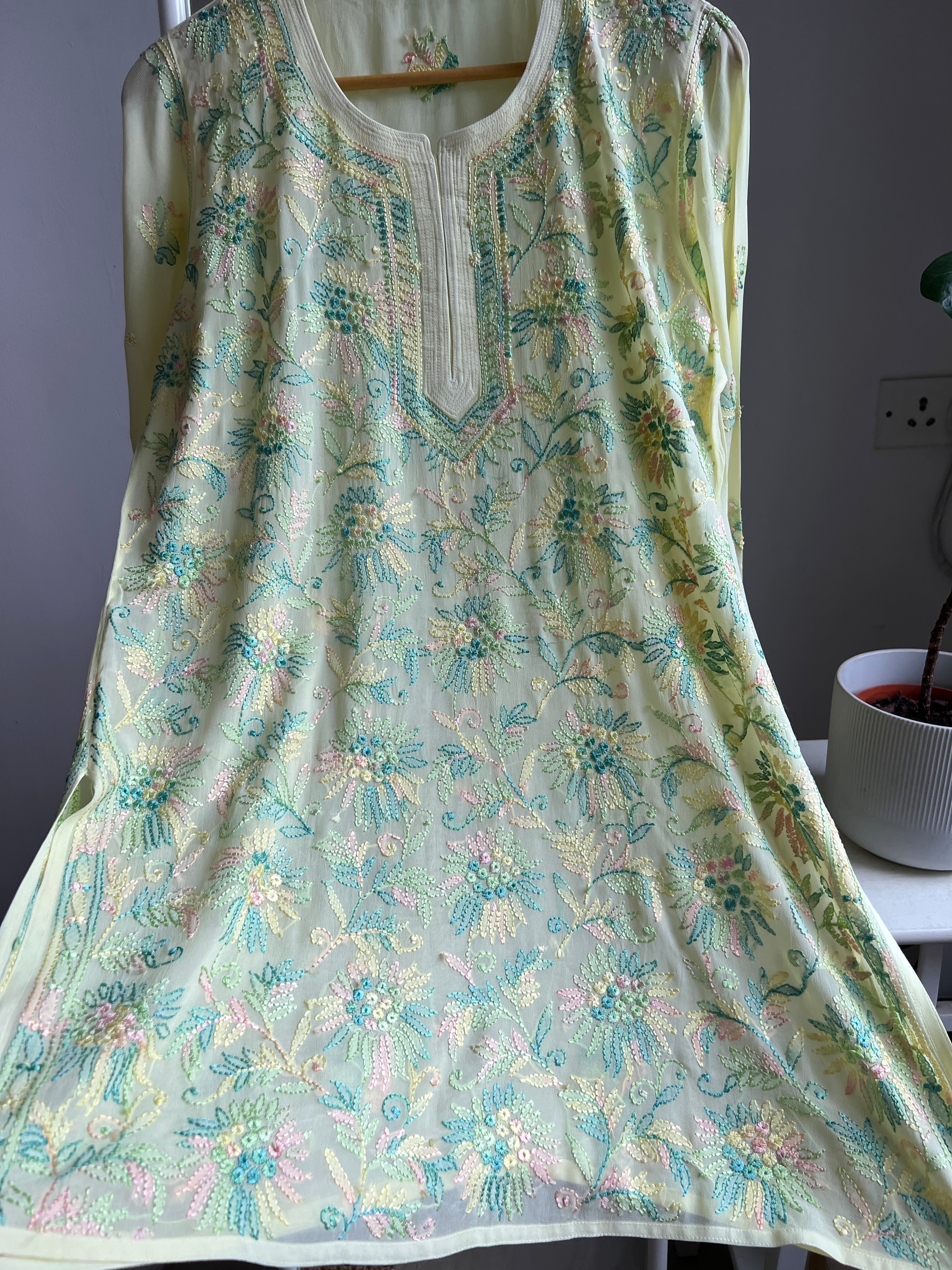 Chikankari Viscose Georgette short Top in Lemon Yellow  Multi Thread ARIAA CHIKANKARI 