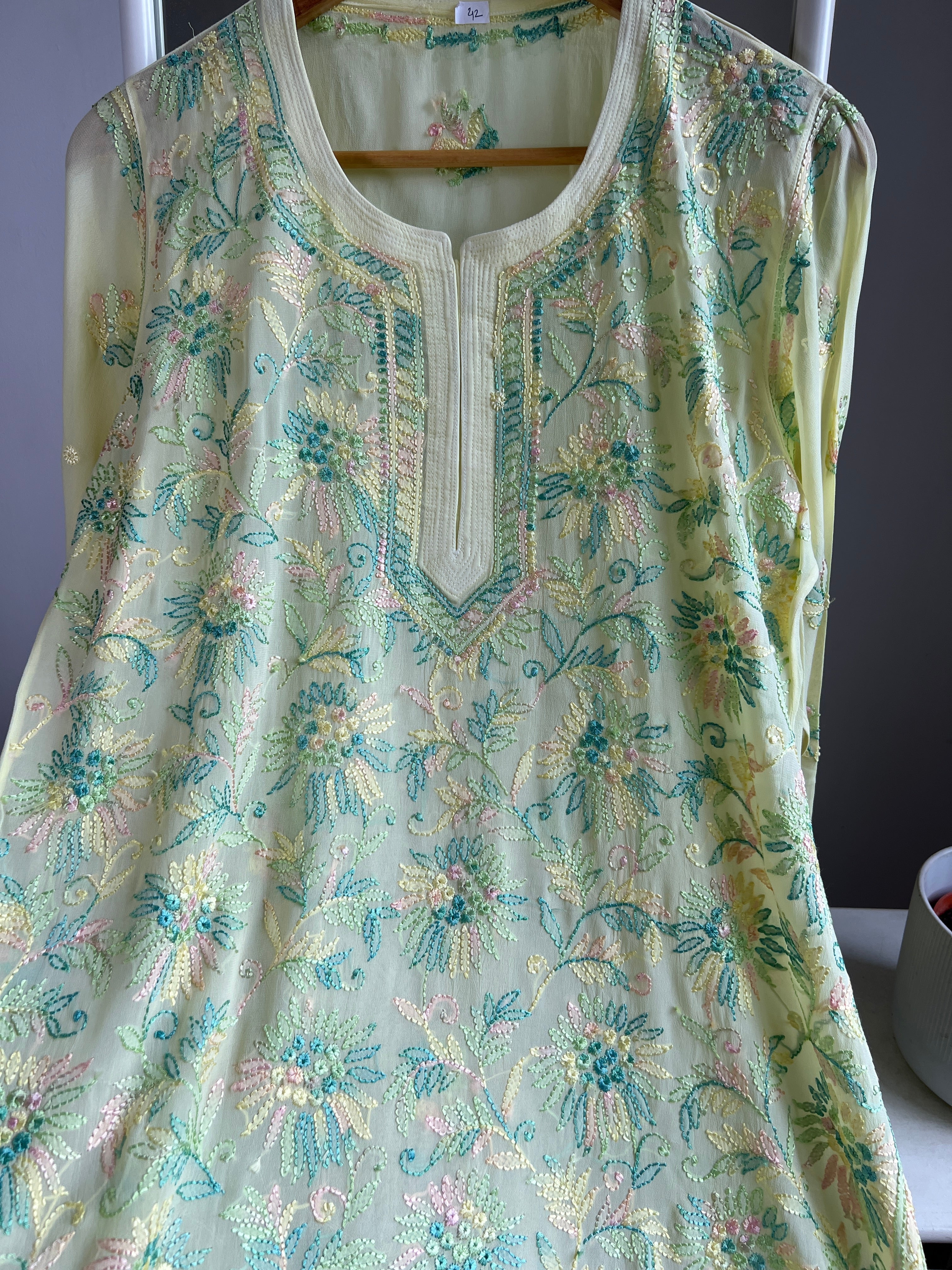 Chikankari Viscose Georgette short Top in Lemon Yellow  Multi Thread ARIAA CHIKANKARI 