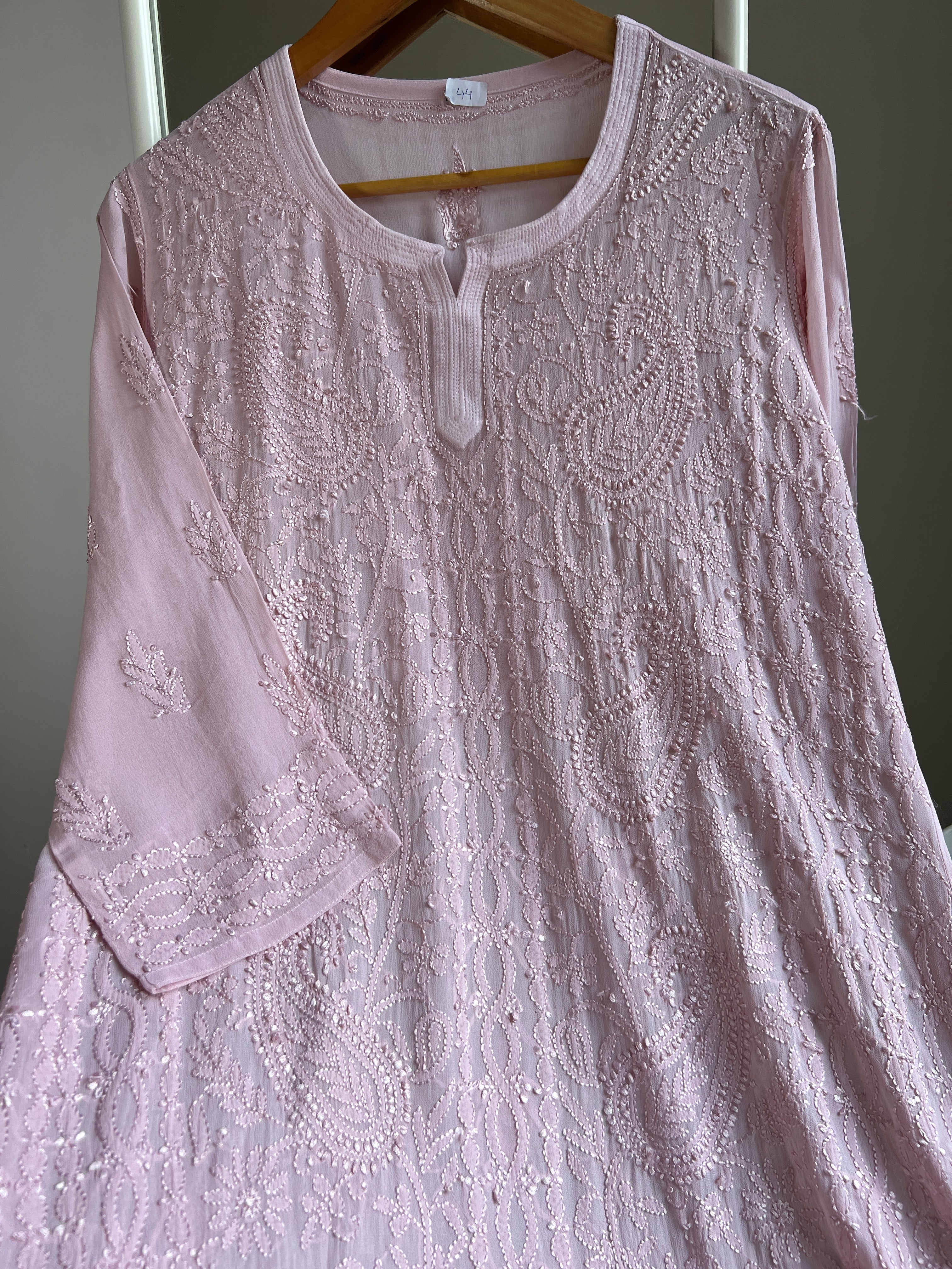 Chikankari Viscose Georgette short Top in Pale pink ARIAA CHIKANKARI 