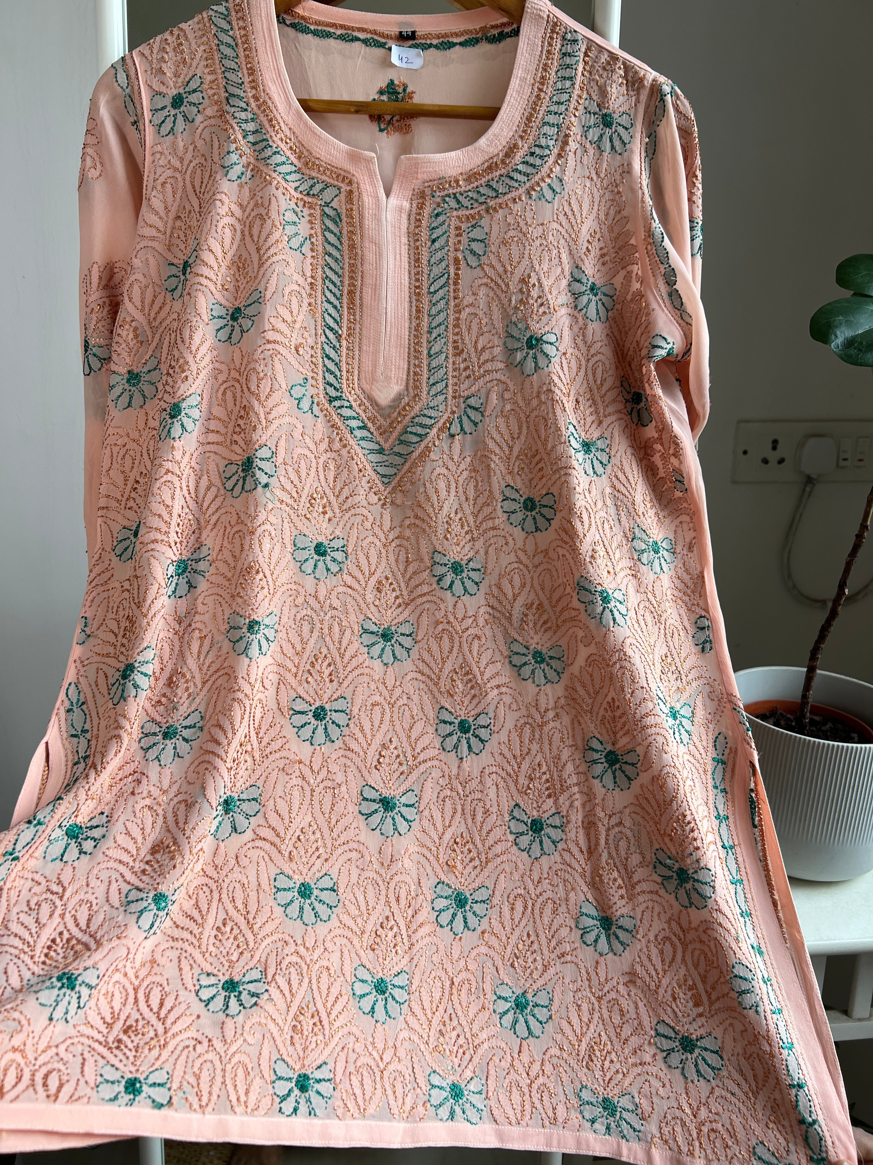 Chikankari Viscose Georgette short Top in Peach Multi Thread ARIAA CHIKANKARI 