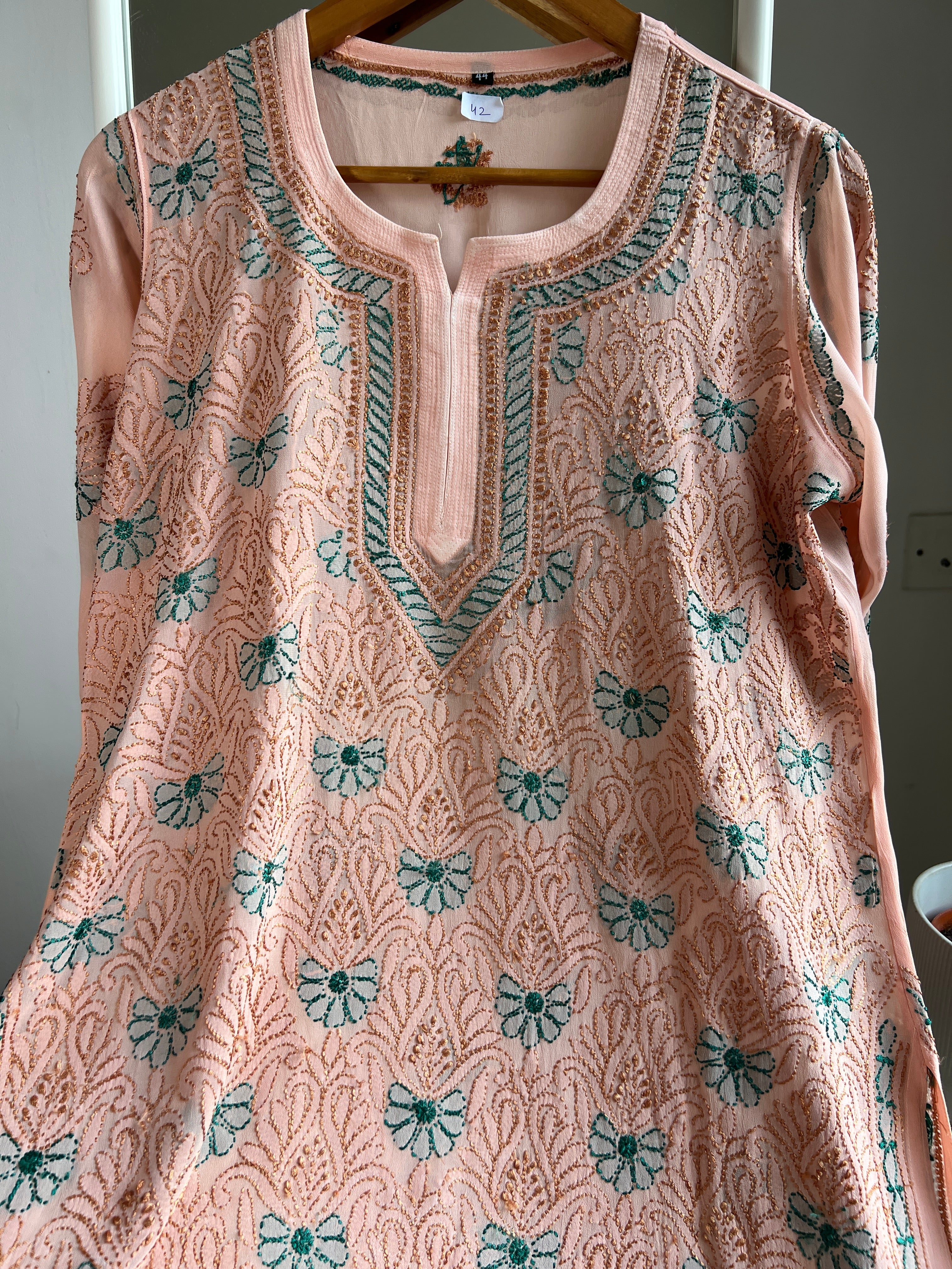 Chikankari Viscose Georgette short Top in Peach Multi Thread ARIAA CHIKANKARI 
