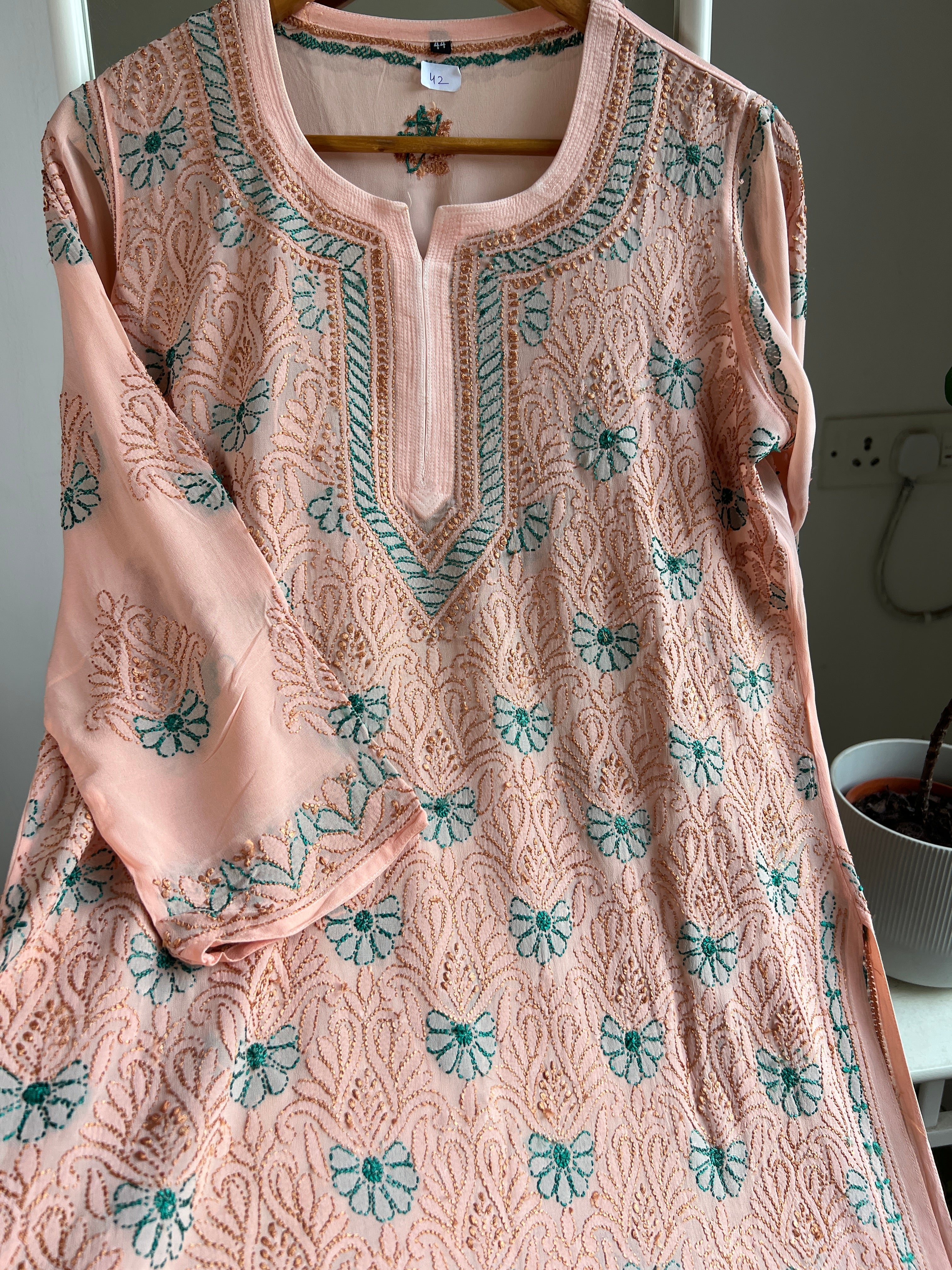 Chikankari Viscose Georgette short Top in Peach Multi Thread ARIAA CHIKANKARI 