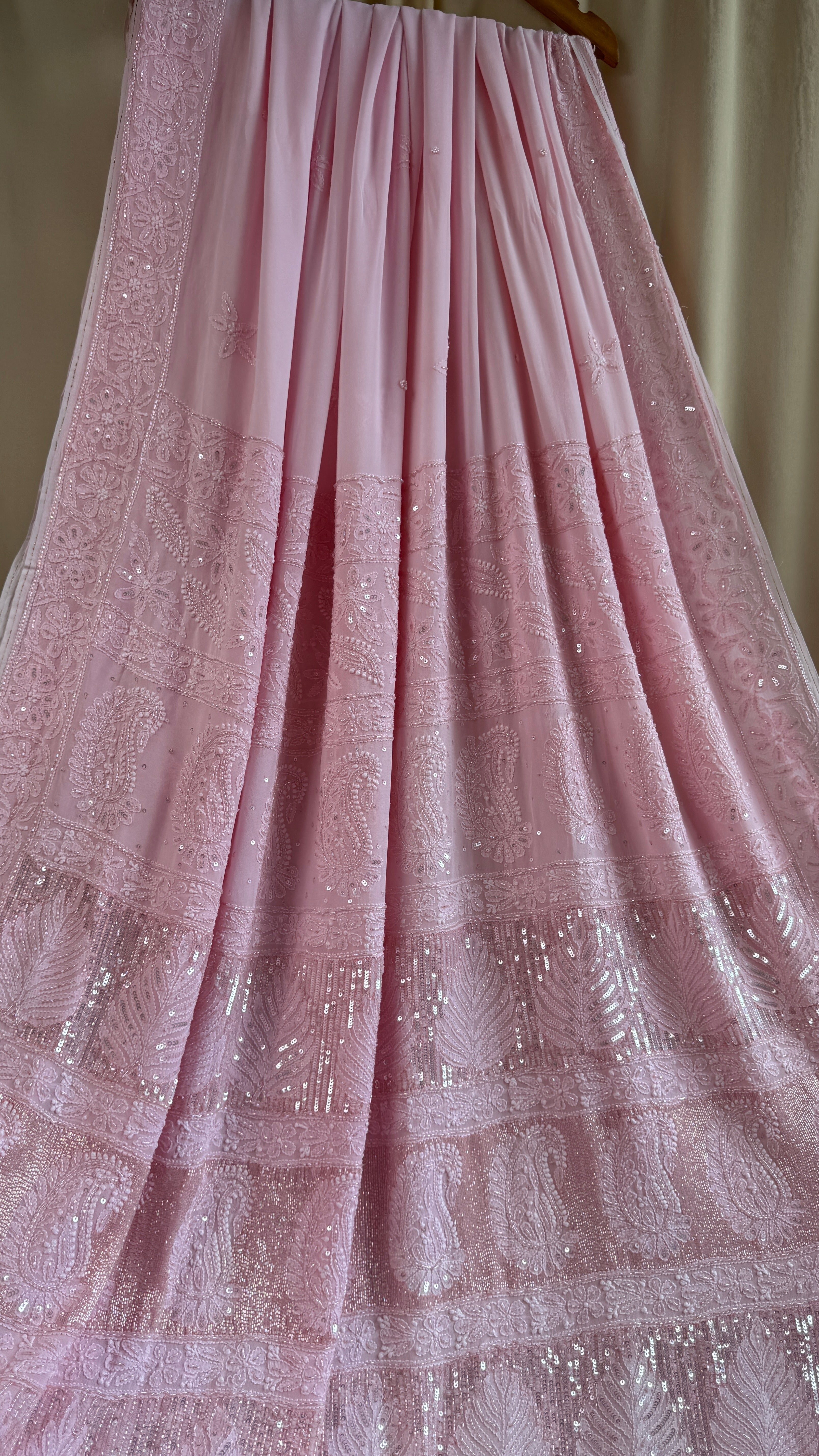 Viscose Chikankari saree with Pearl embellishments - Pink