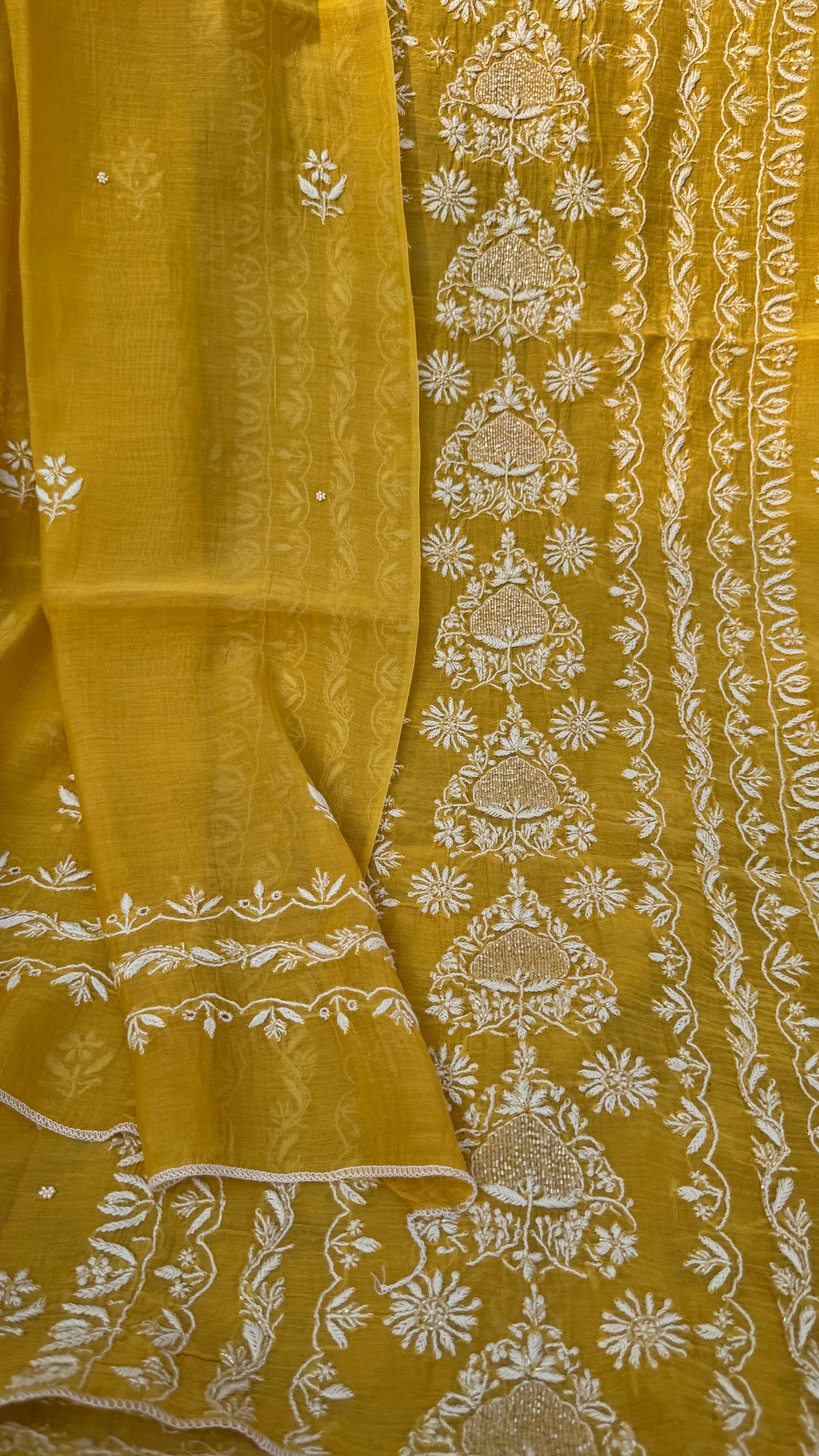 Mul Chanderi Chikankari Unstitched Length with Dupatta - Yellow