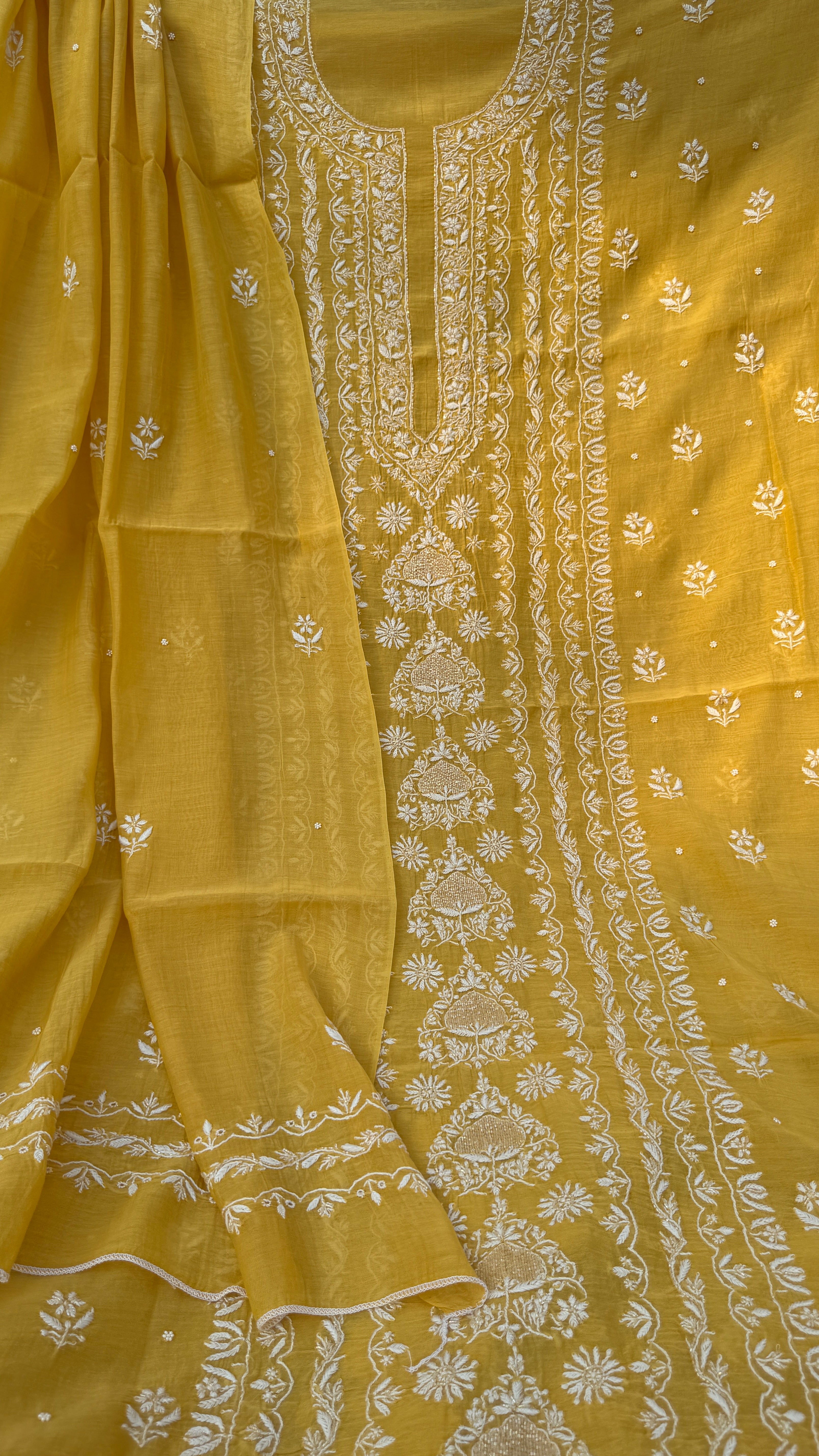 Mul Chanderi Chikankari Unstitched Length with Dupatta - Yellow