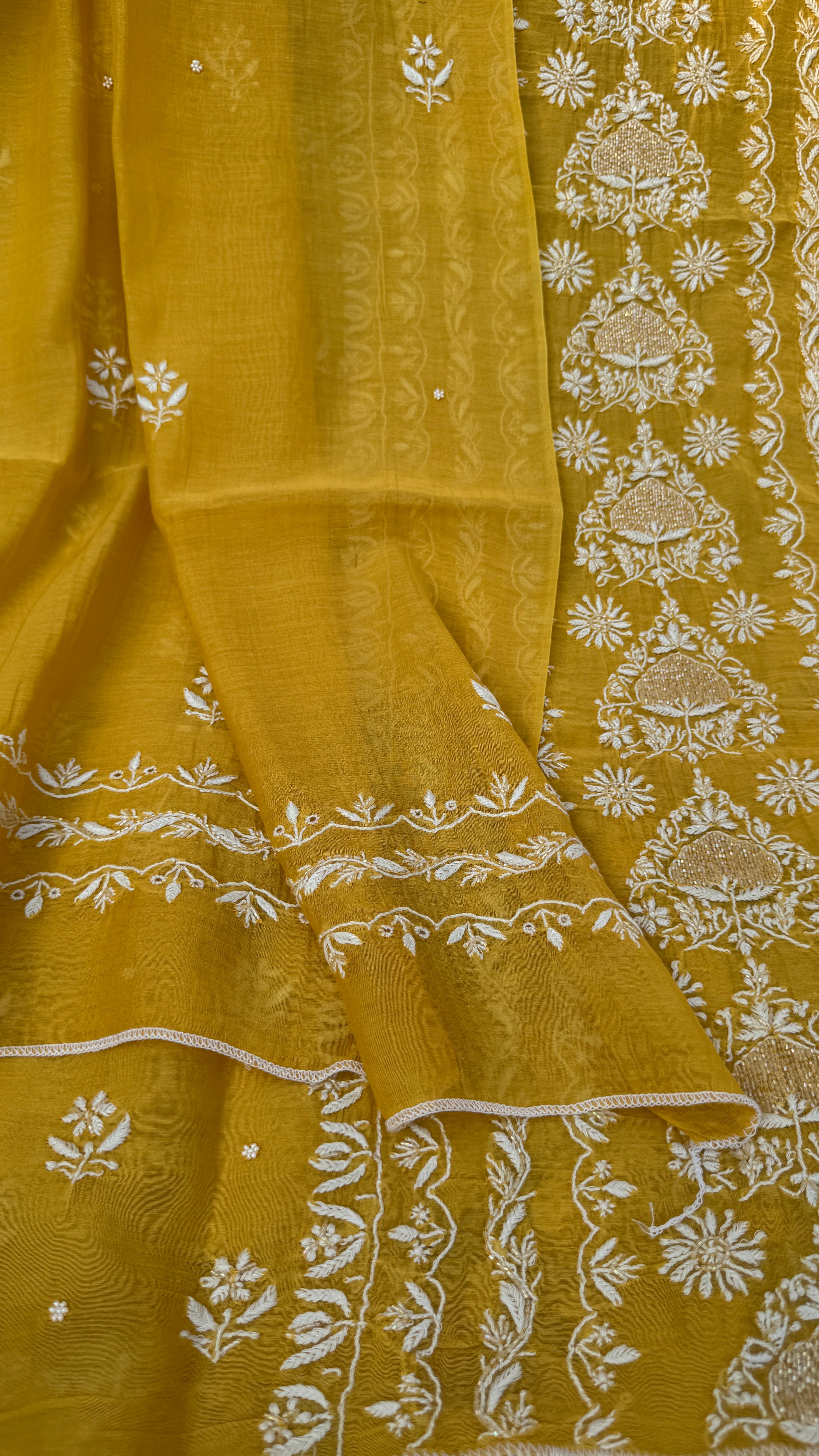 Mul Chanderi Chikankari Unstitched Length with Dupatta - Yellow