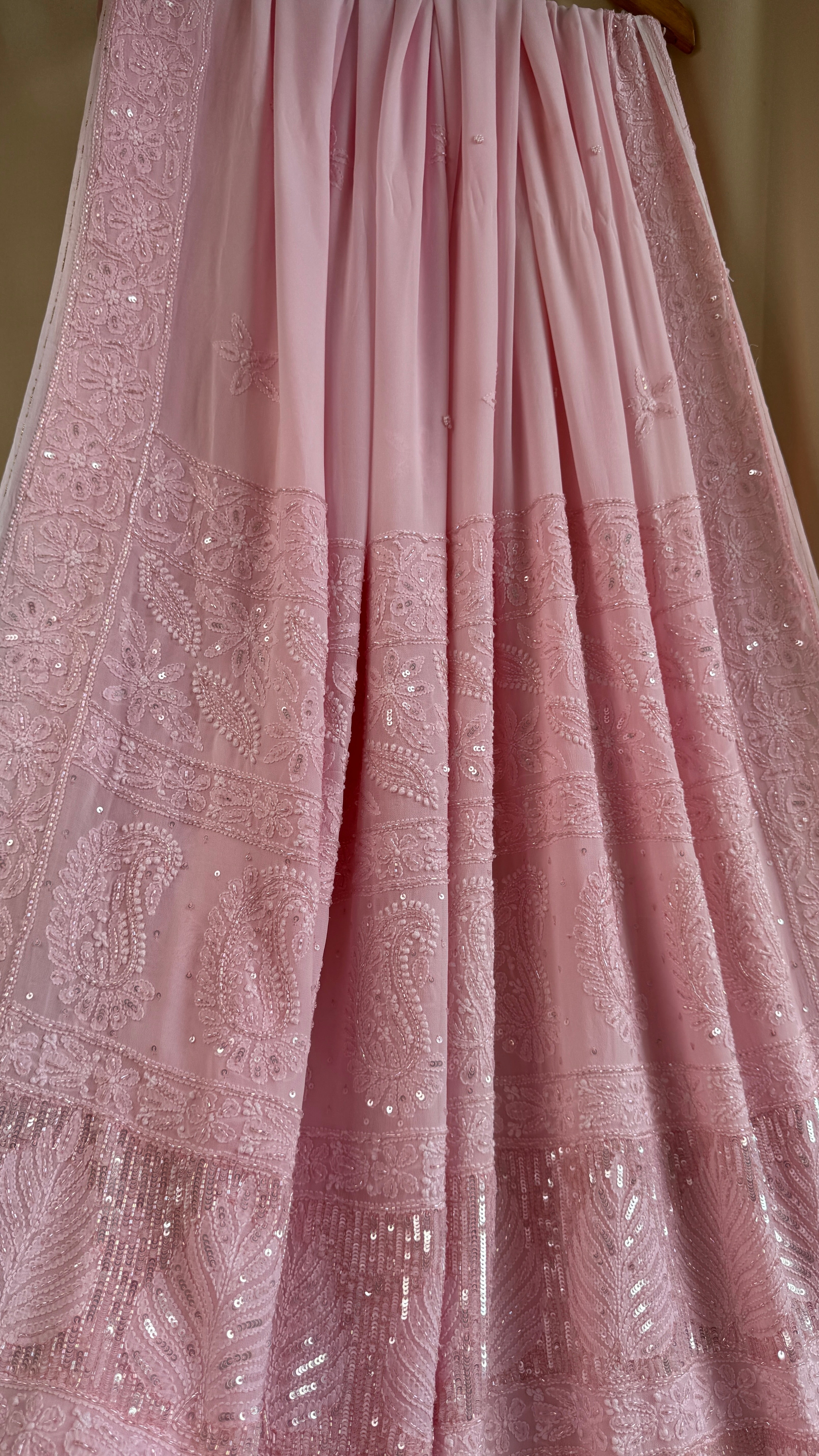 Viscose Chikankari saree with Pearl embellishments - Pink